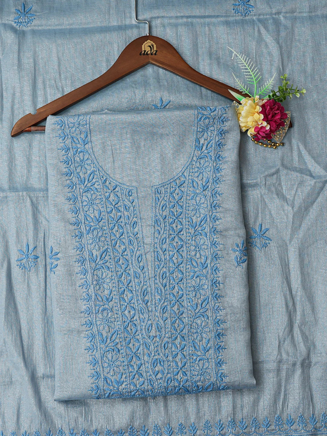 Ada Hand Embroidered Blue Tissue Lucknowi Chikankari Unstitched Kurta Dupatta Set 01A788963