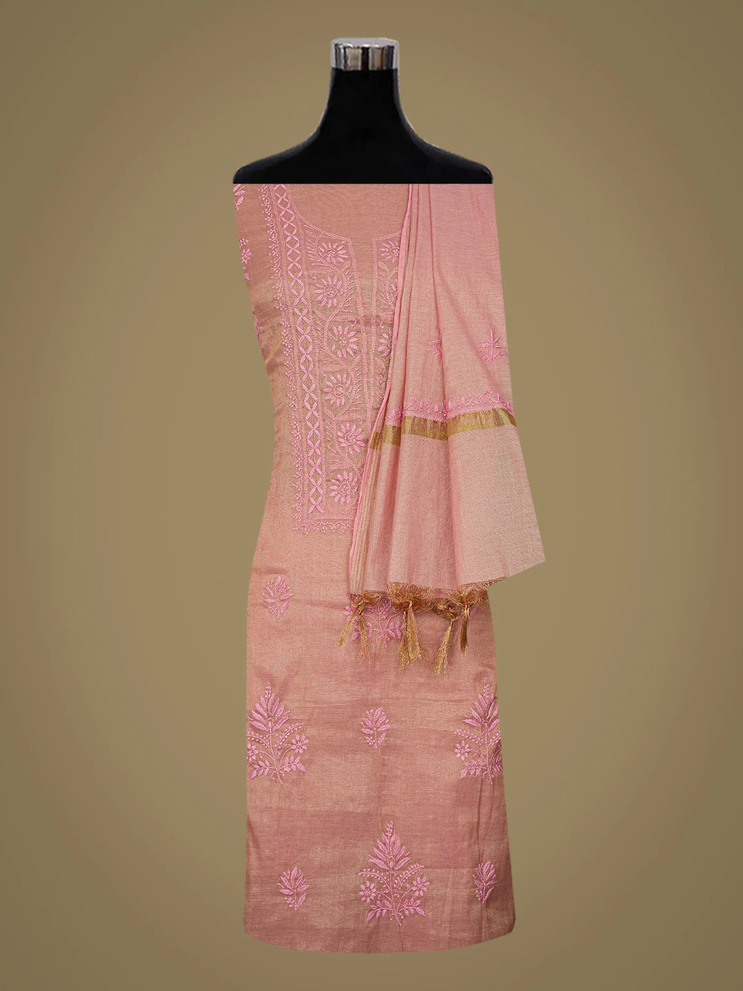 Ada Hand Embroidered Dusty Pink Tissue Lucknowi Chikankari Unstitched Kurta Dupatta Set 01A779560