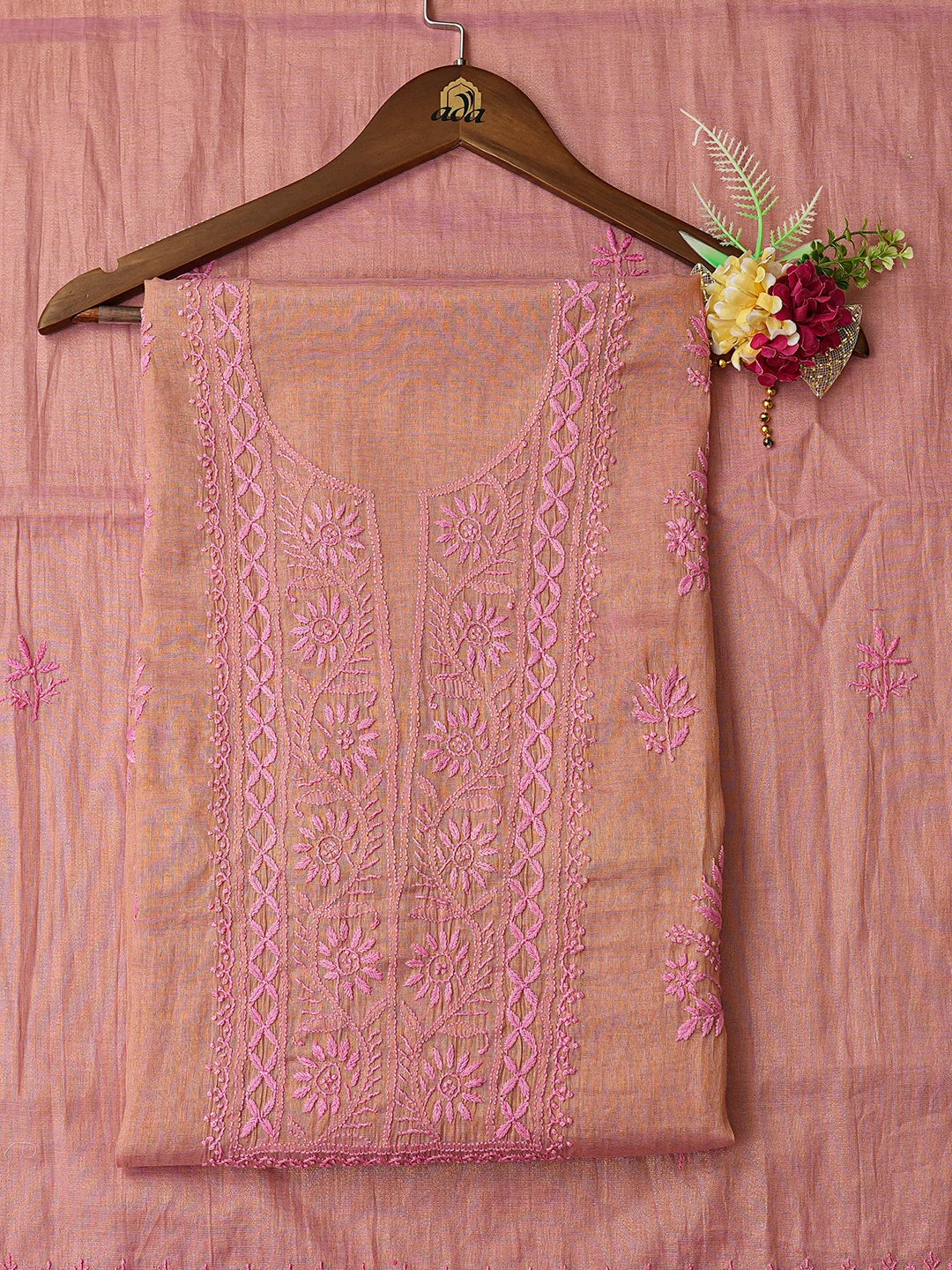 Ada Hand Embroidered Dusty Pink Tissue Lucknowi Chikankari Unstitched Kurta Dupatta Set 01A779560