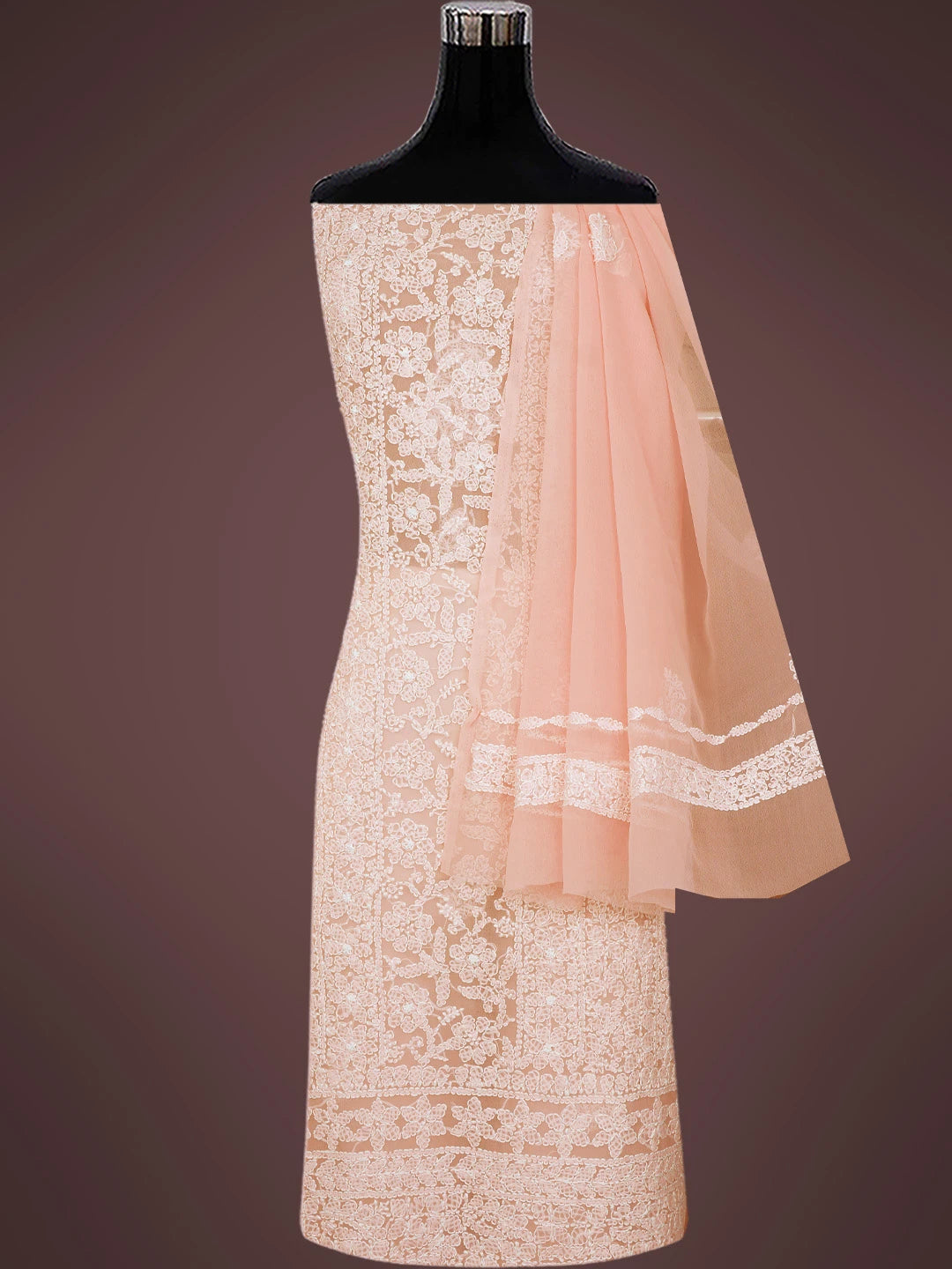 Ada Hand Embroidered Peach Georgette Lucknowi Chikankari Unstitched Suit Piece 01A816603