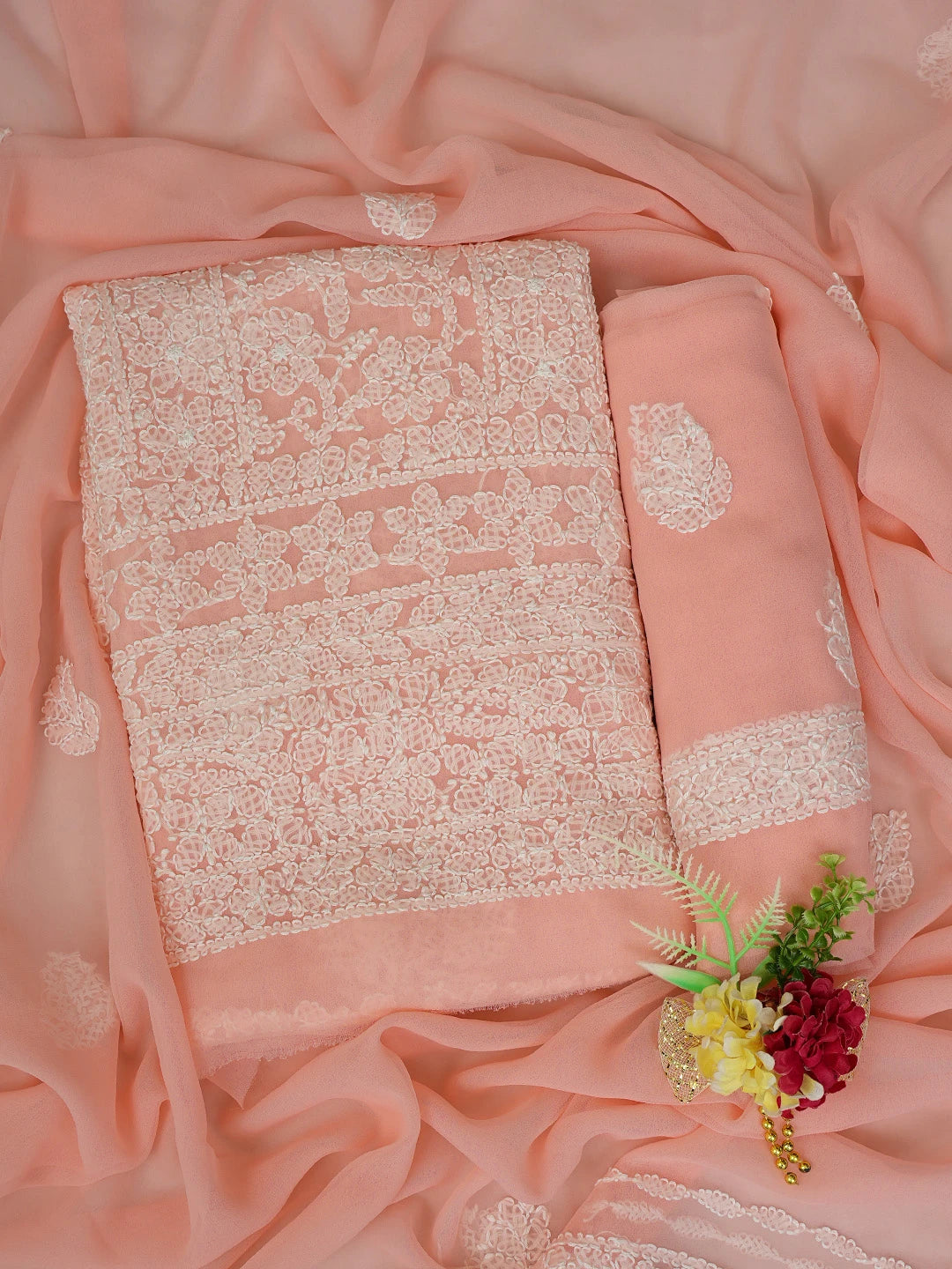 Ada Hand Embroidered Peach Georgette Lucknowi Chikankari Unstitched Suit Piece 01A816603