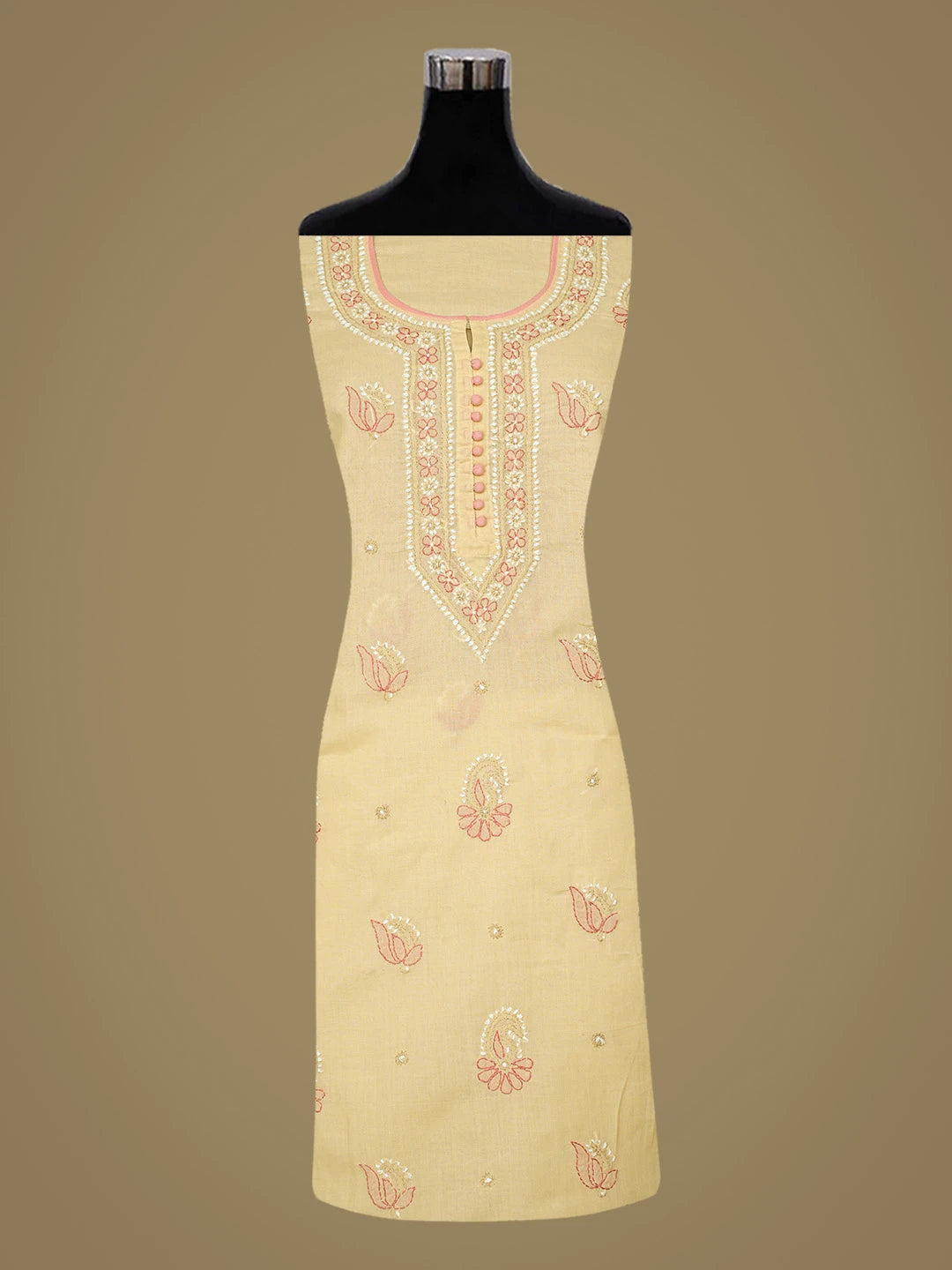 Ada Hand Embroidered Peachy Pink And Fawn Cotton Lucknowi Chikankari Unstitched Suit Piece 01A818851