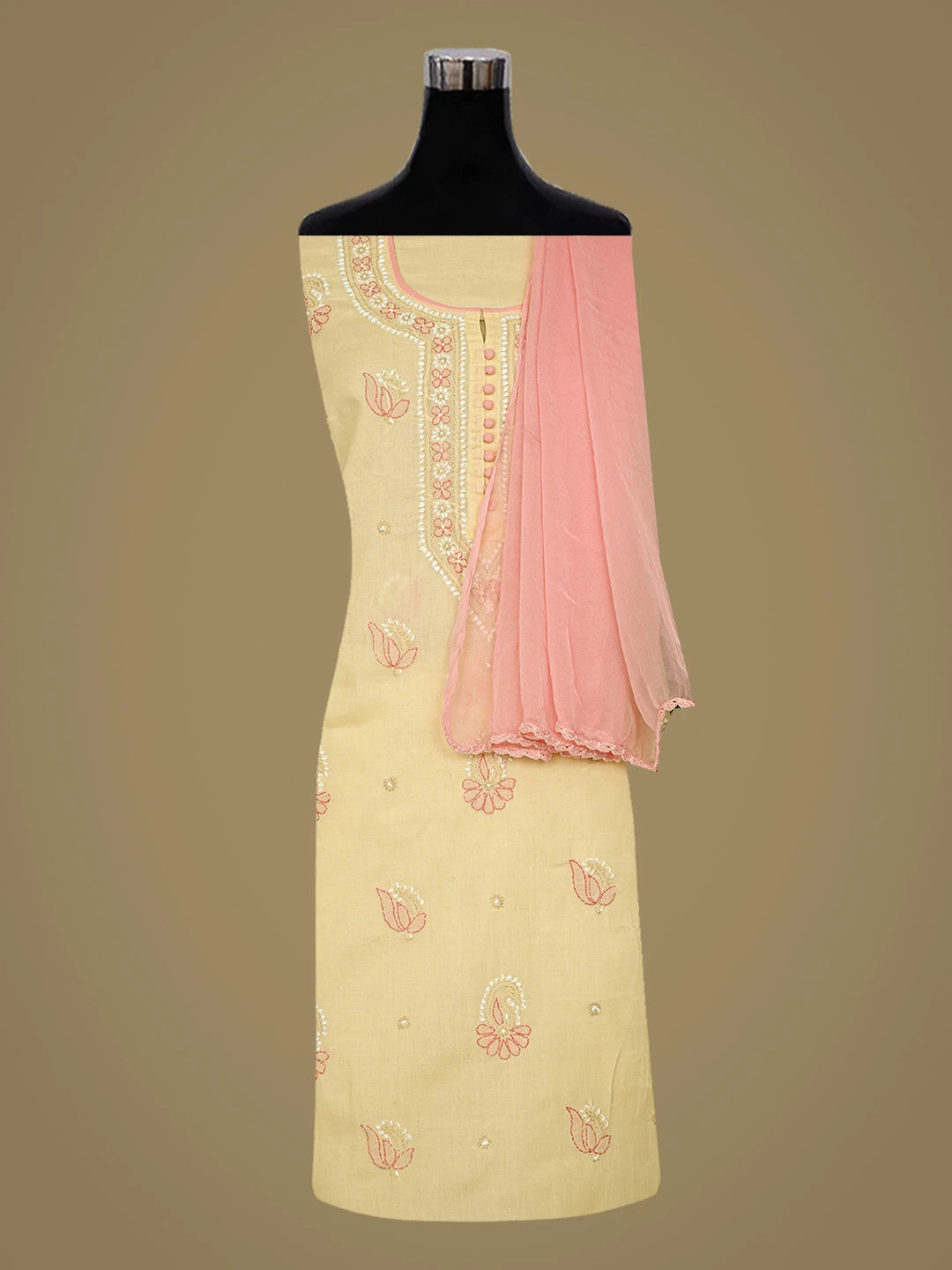 Ada Hand Embroidered Peachy Pink And Fawn Cotton Lucknowi Chikankari Unstitched Suit Piece 01A818851