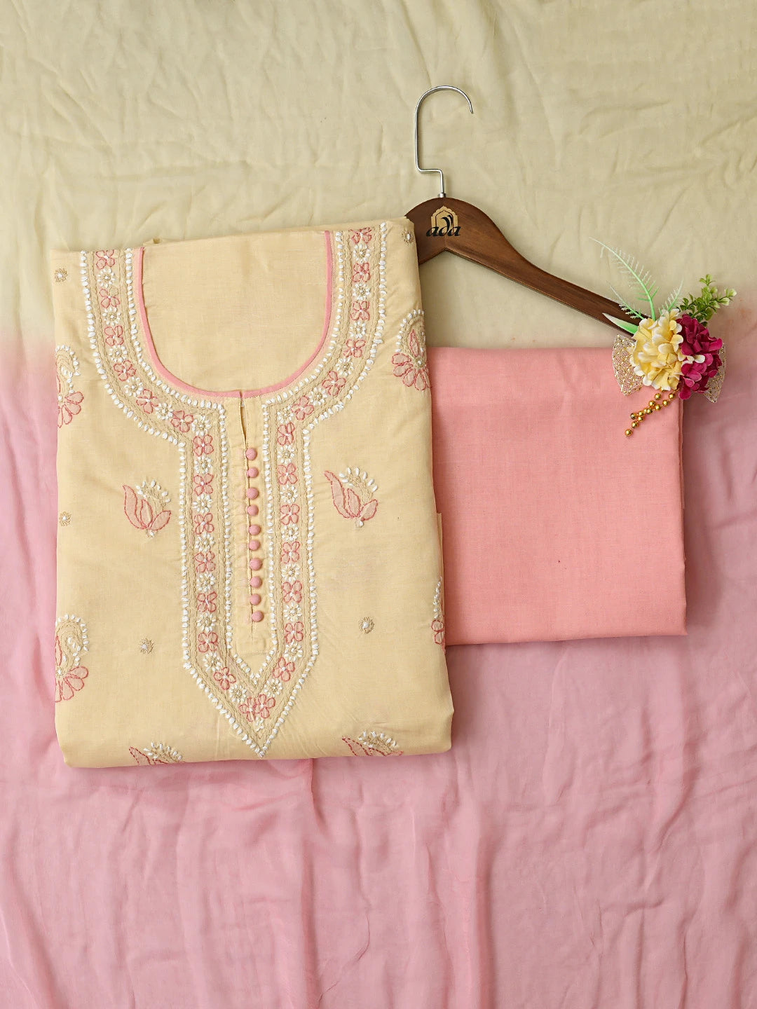 Ada Hand Embroidered Peachy Pink And Fawn Cotton Lucknowi Chikankari Unstitched Suit Piece 01A818851