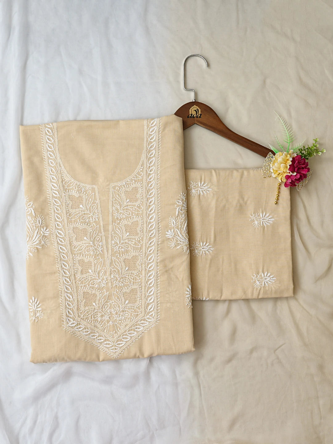 Ada Hand Embroidered Fawn Cotton Lucknowi Chikankari Unstitched Suit Piece 01A773682