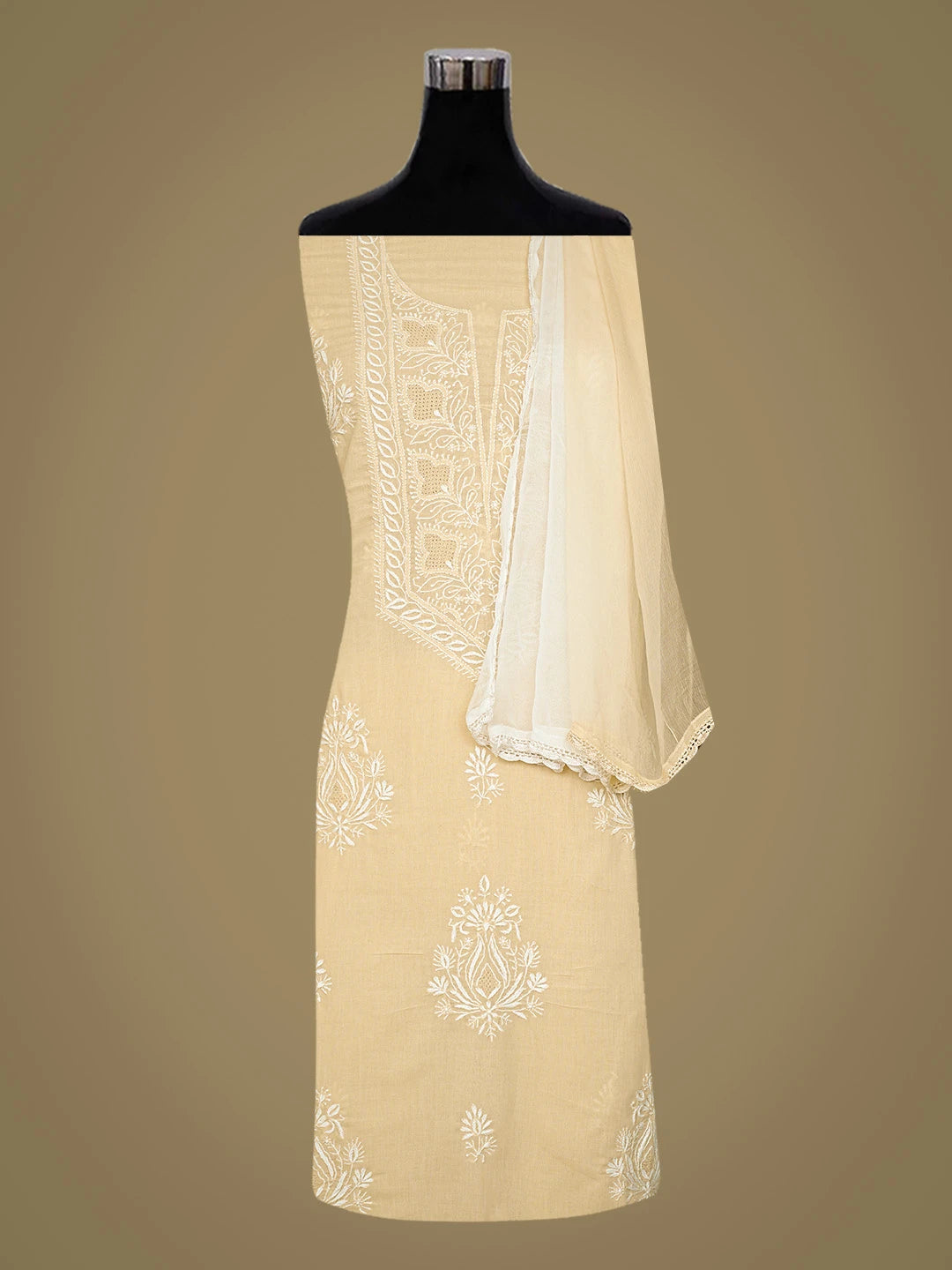 Ada Hand Embroidered Fawn Cotton Lucknowi Chikankari Unstitched Suit Piece 01A773682