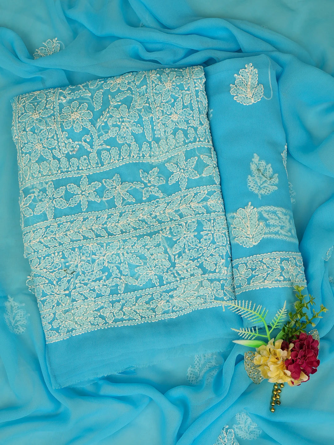 Ada Hand Embroidered Blue Georgette Lucknowi Chikankari Unstitched Suit Piece 01A816599