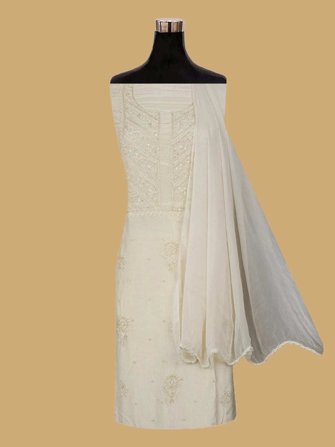 Ada Hand Embroidered Fawn Muslin Lucknowi Chikankari Unstitched Suit Piece With Cutdana Work 01A814878