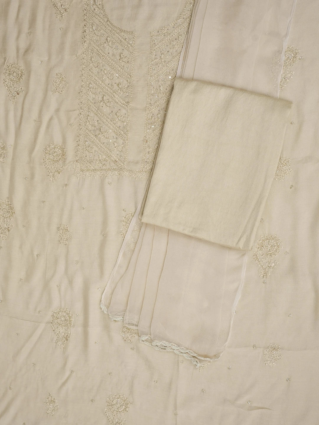 Ada Hand Embroidered Fawn Muslin Lucknowi Chikankari Unstitched Suit Piece With Cutdana Work 01A814878
