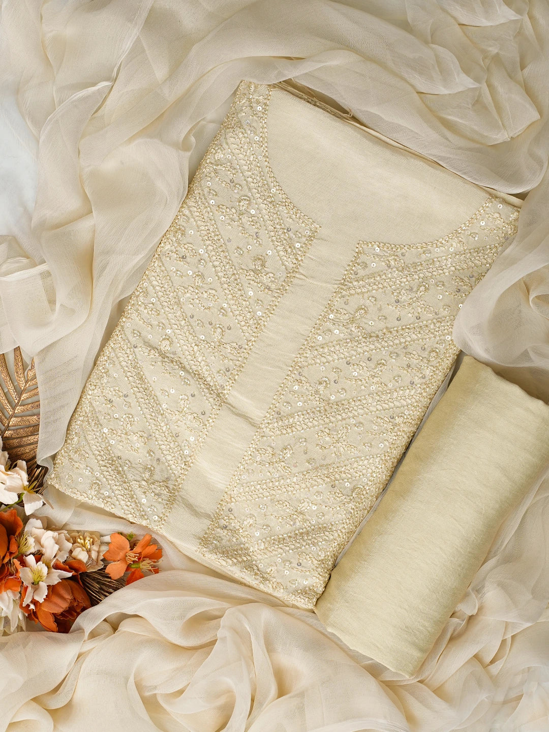 Ada Hand Embroidered Fawn Muslin Lucknowi Chikankari Unstitched Suit Piece With Cutdana Work 01A814878