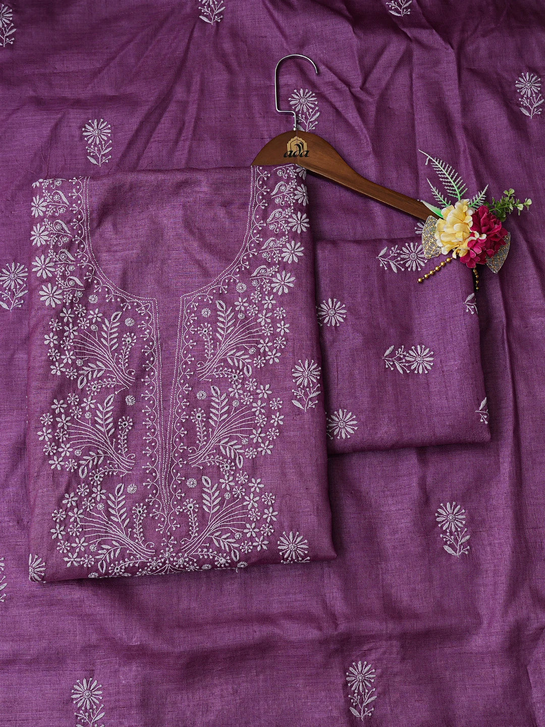 Ada Hand Embroidered Purple Silk Lucknowi Chikankari Unstitched Suit Piece 01A775431