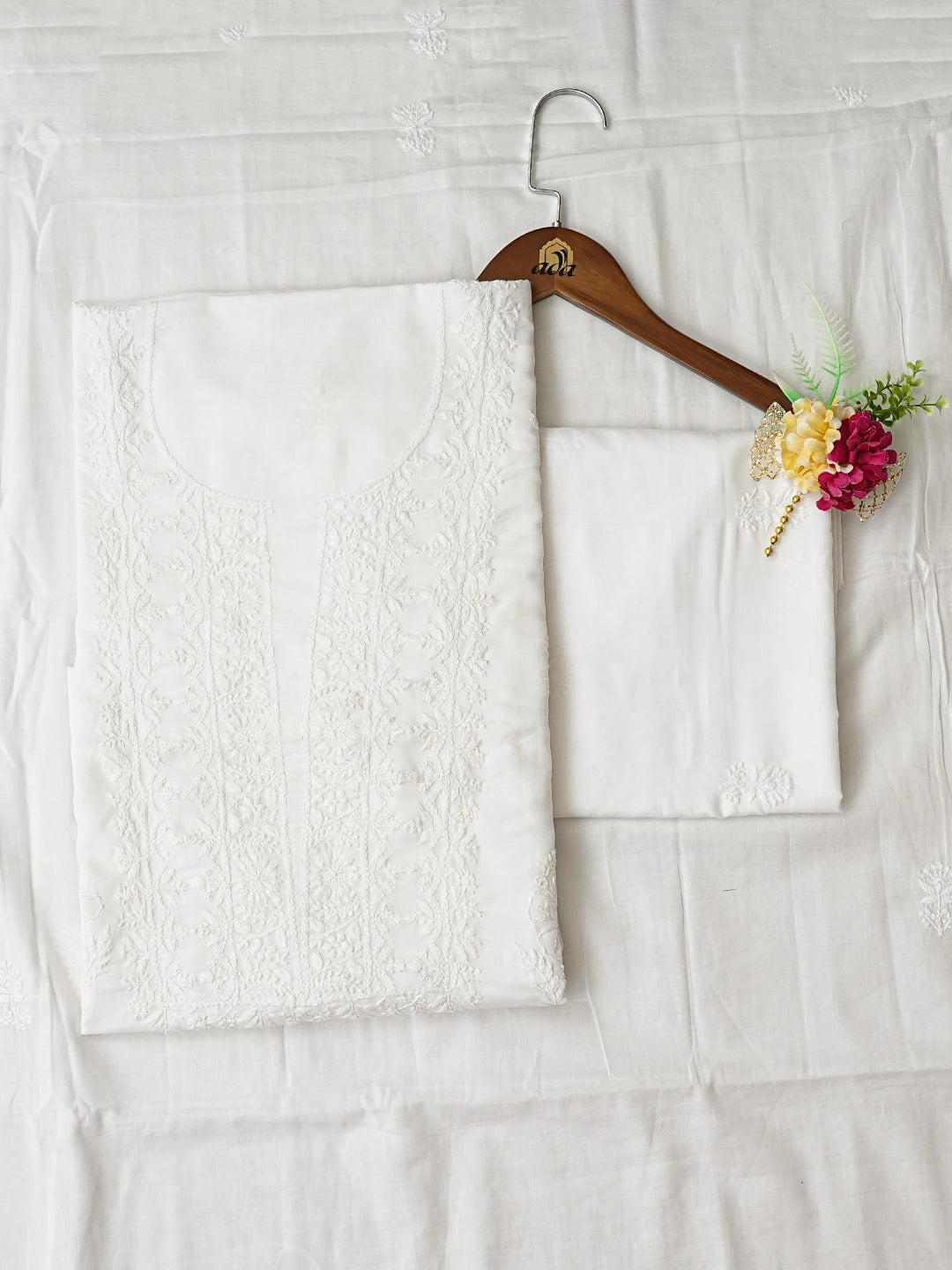 Ada Hand Embroidered White Cotton Lucknowi Chikankari Unstitched Suit Piece 01A265077