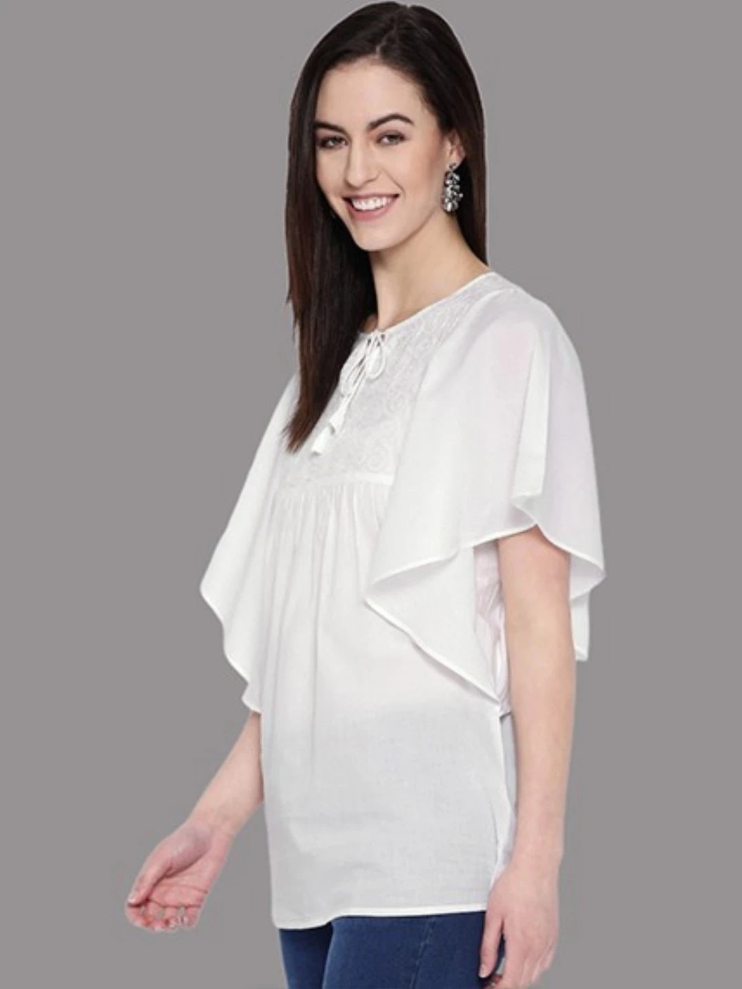 Ada Hand Embroidered White Cotton Lucknowi Chikankari Top A100235