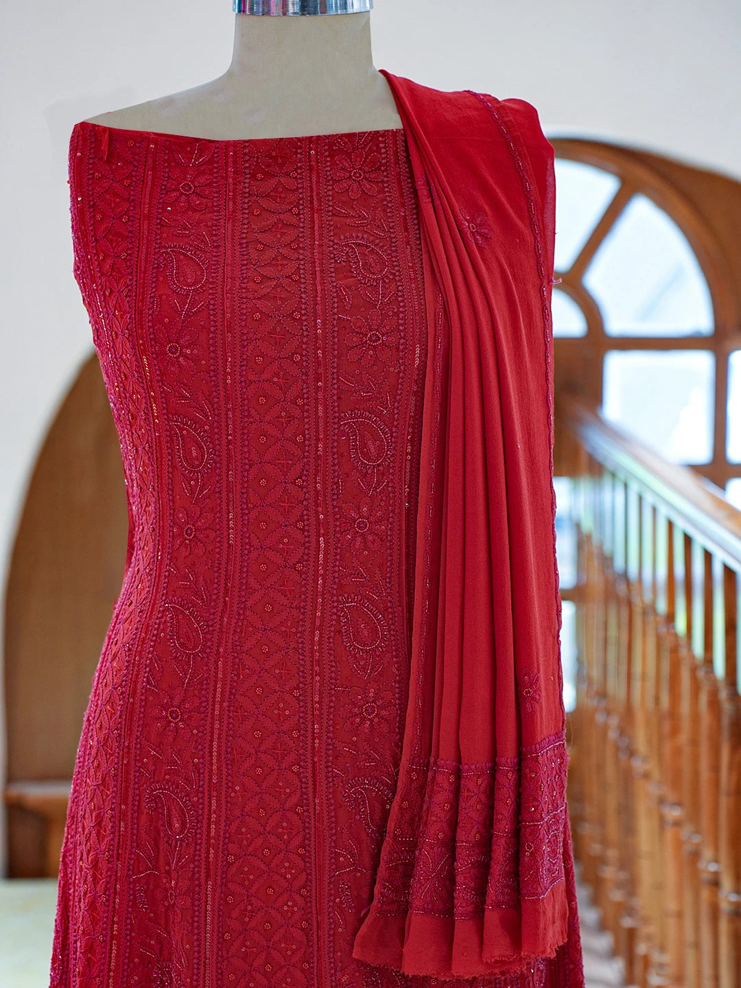 Ada Hand Embroidered Blood Red Pure Georgette Lucknowi Chikankari Semi-Stitched Anarkali Kurta Dupatta Set With Sequnis Work 01A700261