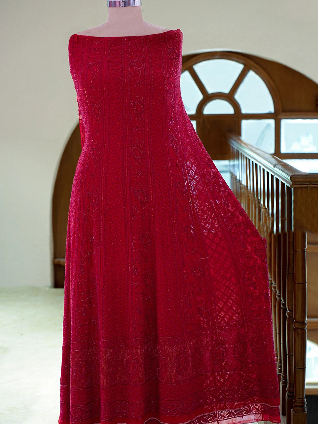 Ada Hand Embroidered Blood Red Pure Georgette Lucknowi Chikankari Semi-Stitched Anarkali Kurta Dupatta Set With Sequnis Work 01A700261