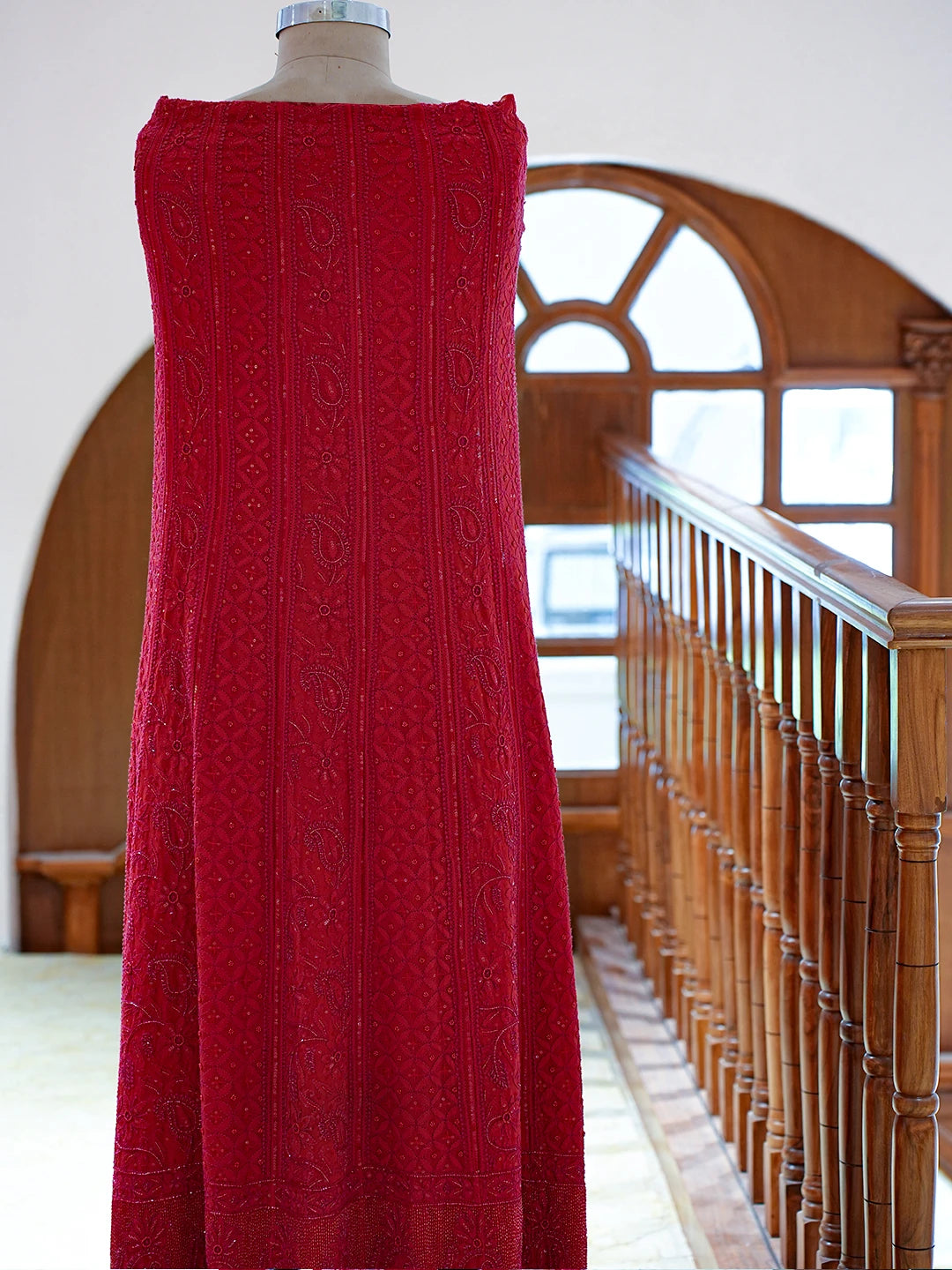 Ada Hand Embroidered Blood Red Pure Georgette Lucknowi Chikankari Semi-Stitched Anarkali Kurta Dupatta Set With Sequnis Work 01A700261