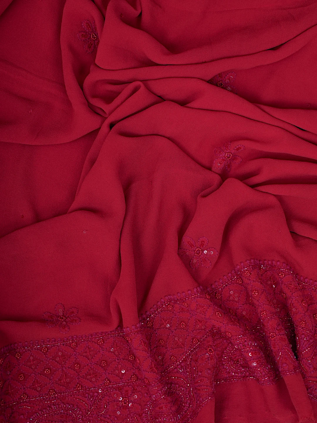 Ada Hand Embroidered Blood Red Pure Georgette Lucknowi Chikankari Semi-Stitched Anarkali Kurta Dupatta Set With Sequnis Work 01A700261