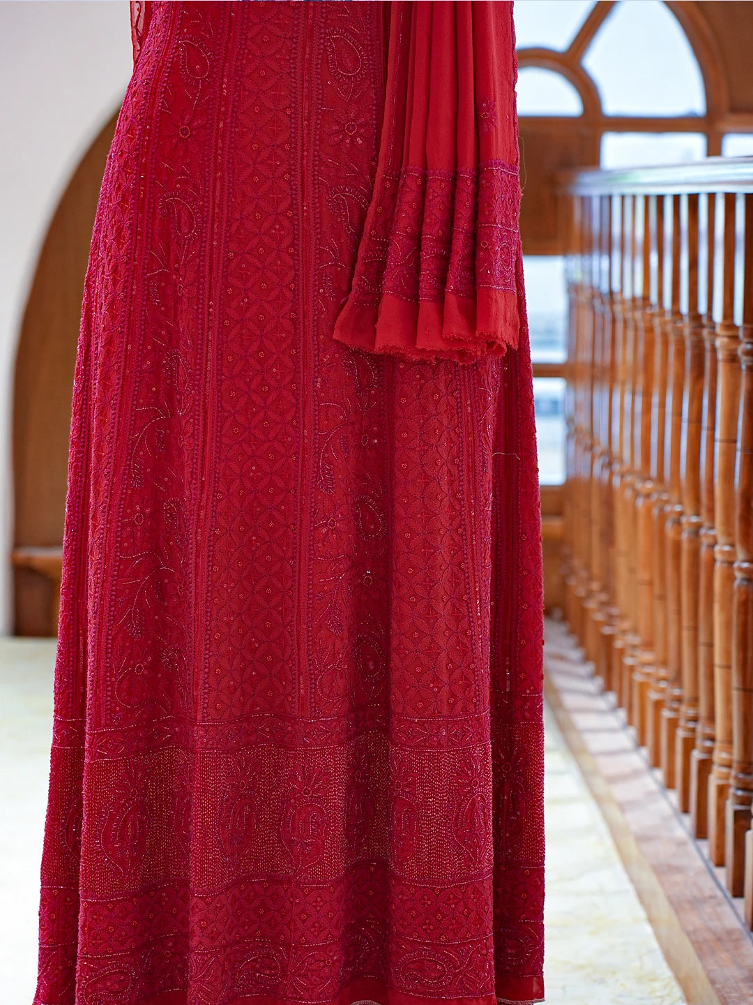 Ada Hand Embroidered Blood Red Pure Georgette Lucknowi Chikankari Semi-Stitched Anarkali Kurta Dupatta Set With Sequnis Work 01A700261