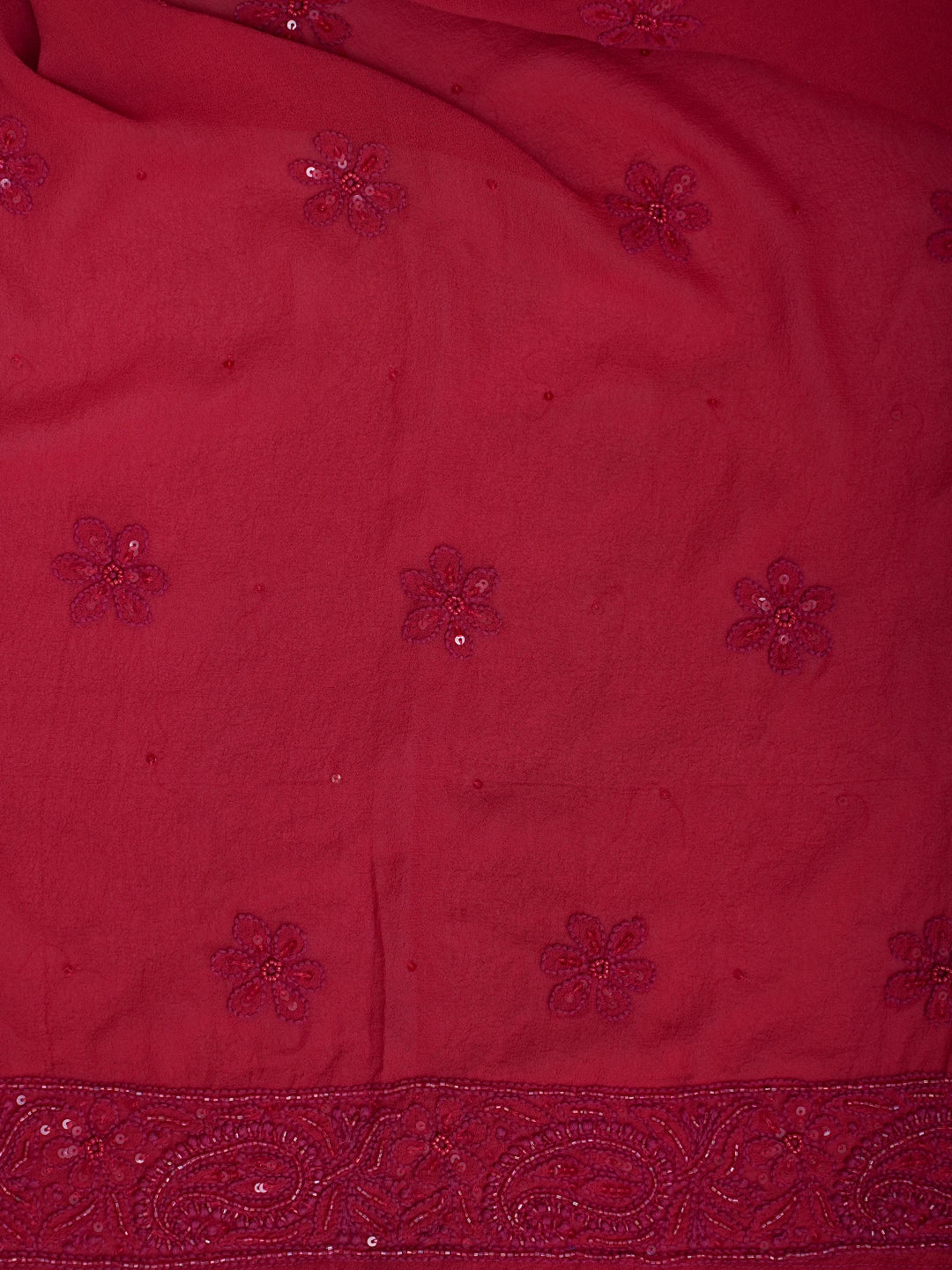 Ada Hand Embroidered Blood Red Pure Georgette Lucknowi Chikankari Semi-Stitched Anarkali Kurta Dupatta Set With Sequnis Work 01A700261