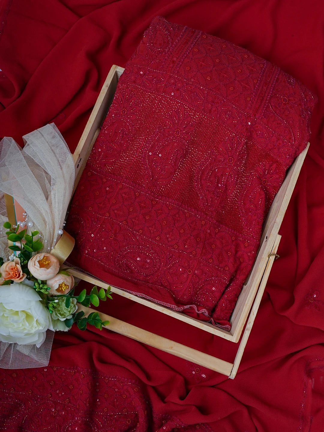 Ada Hand Embroidered Blood Red Pure Georgette Lucknowi Chikankari Semi-Stitched Anarkali Kurta Dupatta Set With Sequnis Work 01A700261