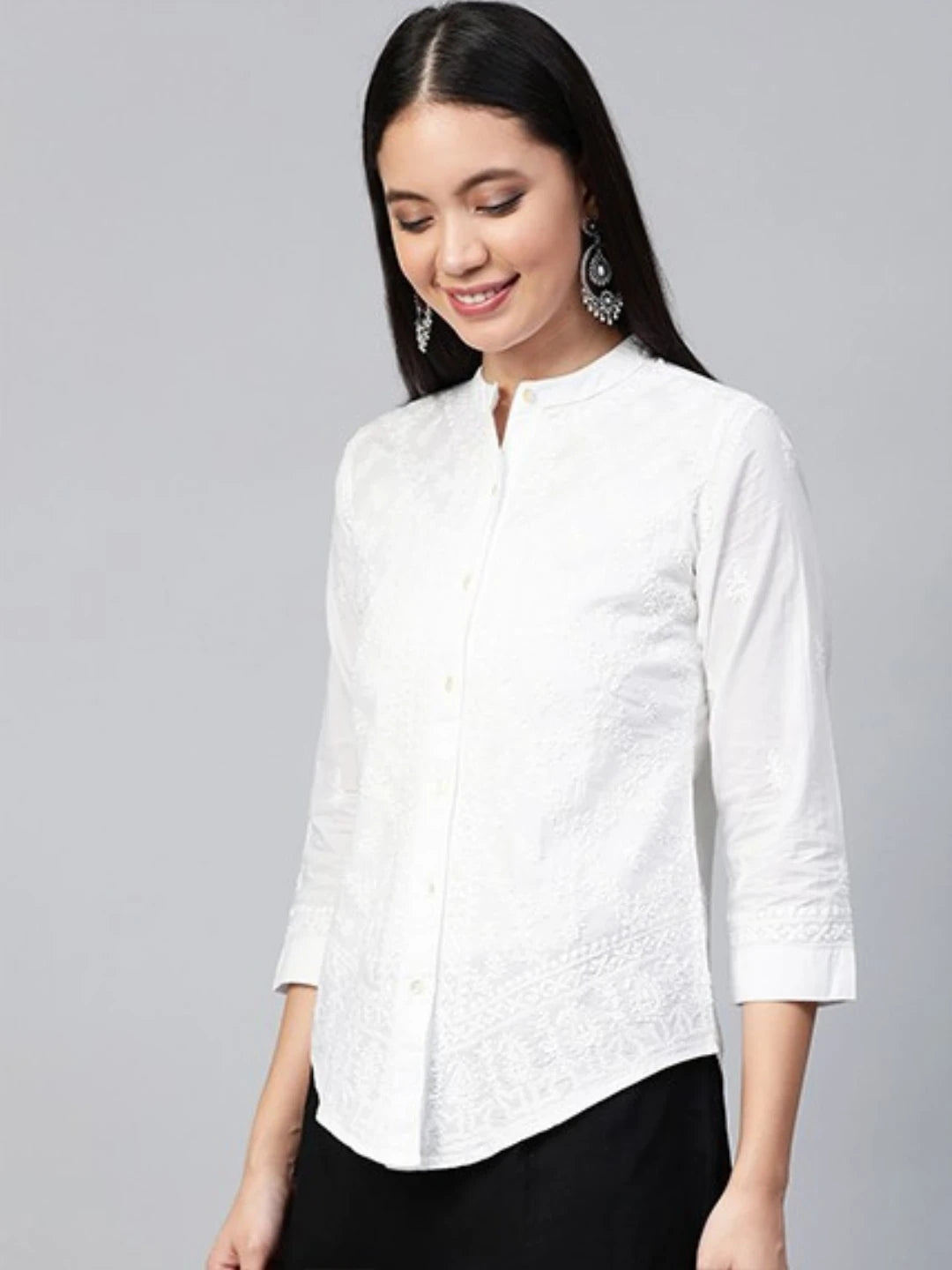 Ada Hand Embroidered White Cotton Lucknowi Chikankari Shirt A100143