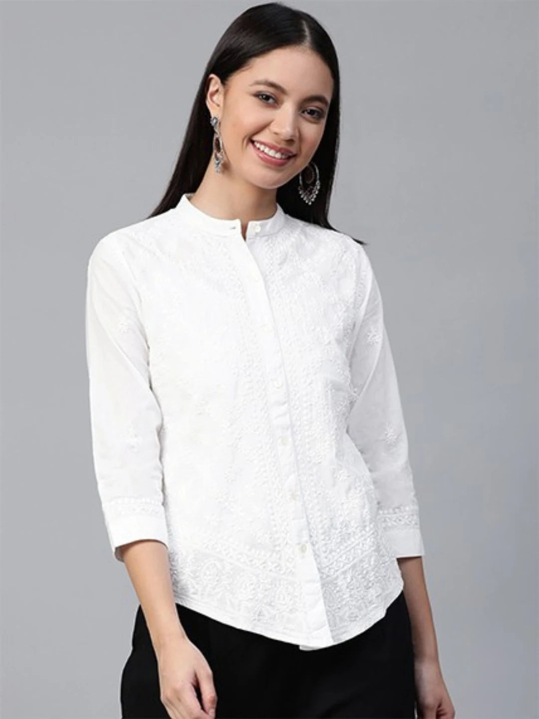 Ada Hand Embroidered White Cotton Lucknowi Chikankari Shirt A100143