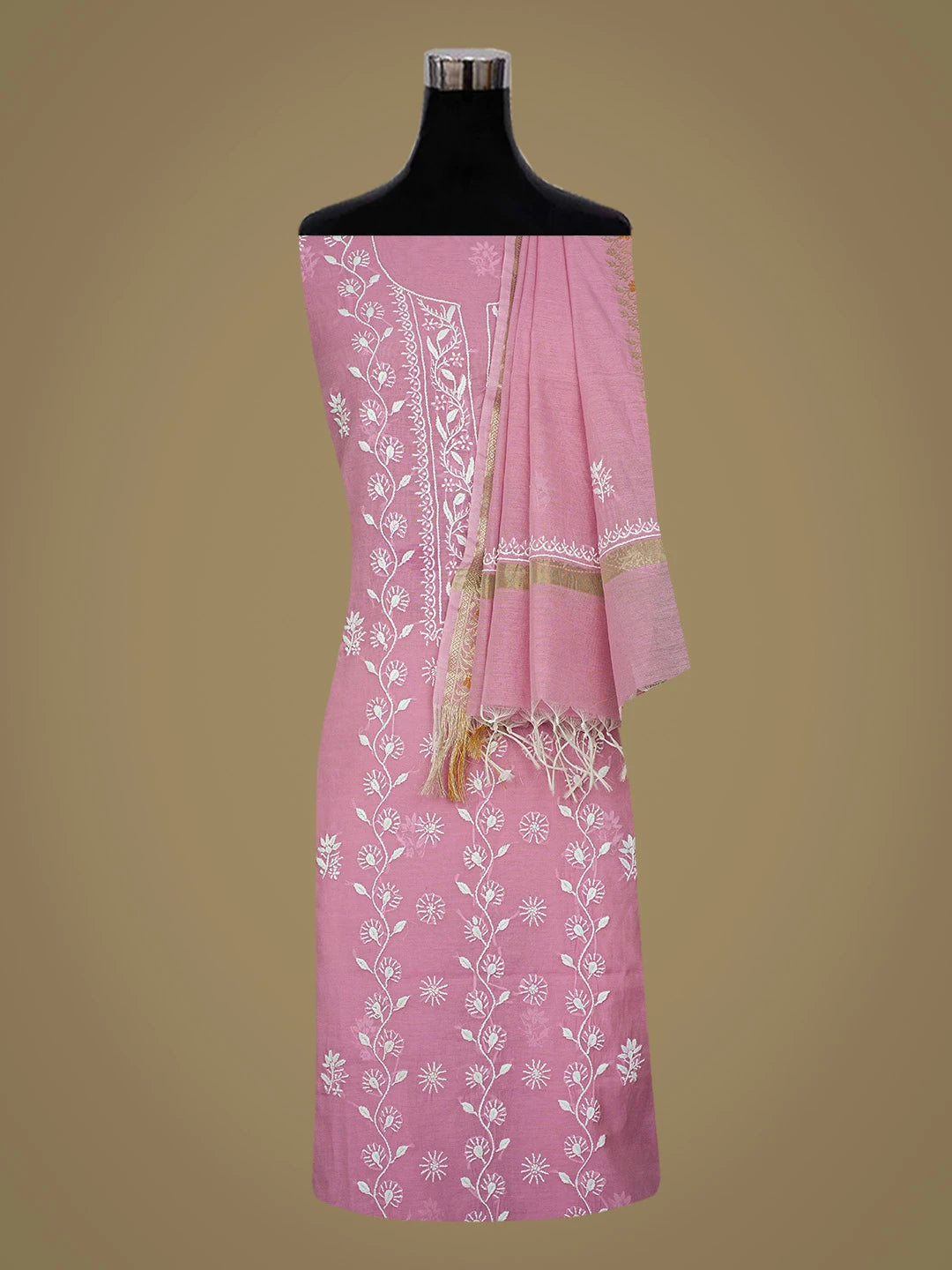 Ada Hand Embroidered Pink Chanderi Lucknowi Chikankari Unstitched Kurta Dupatta Set 01A818429