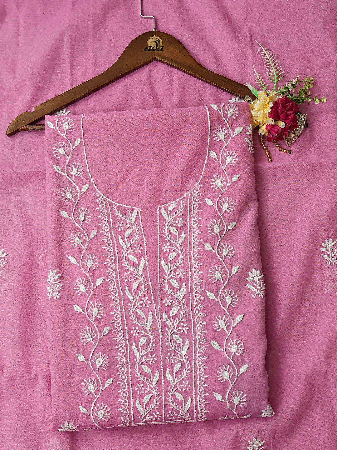 Ada Hand Embroidered Pink Chanderi Lucknowi Chikankari Unstitched Kurta Dupatta Set 01A818429