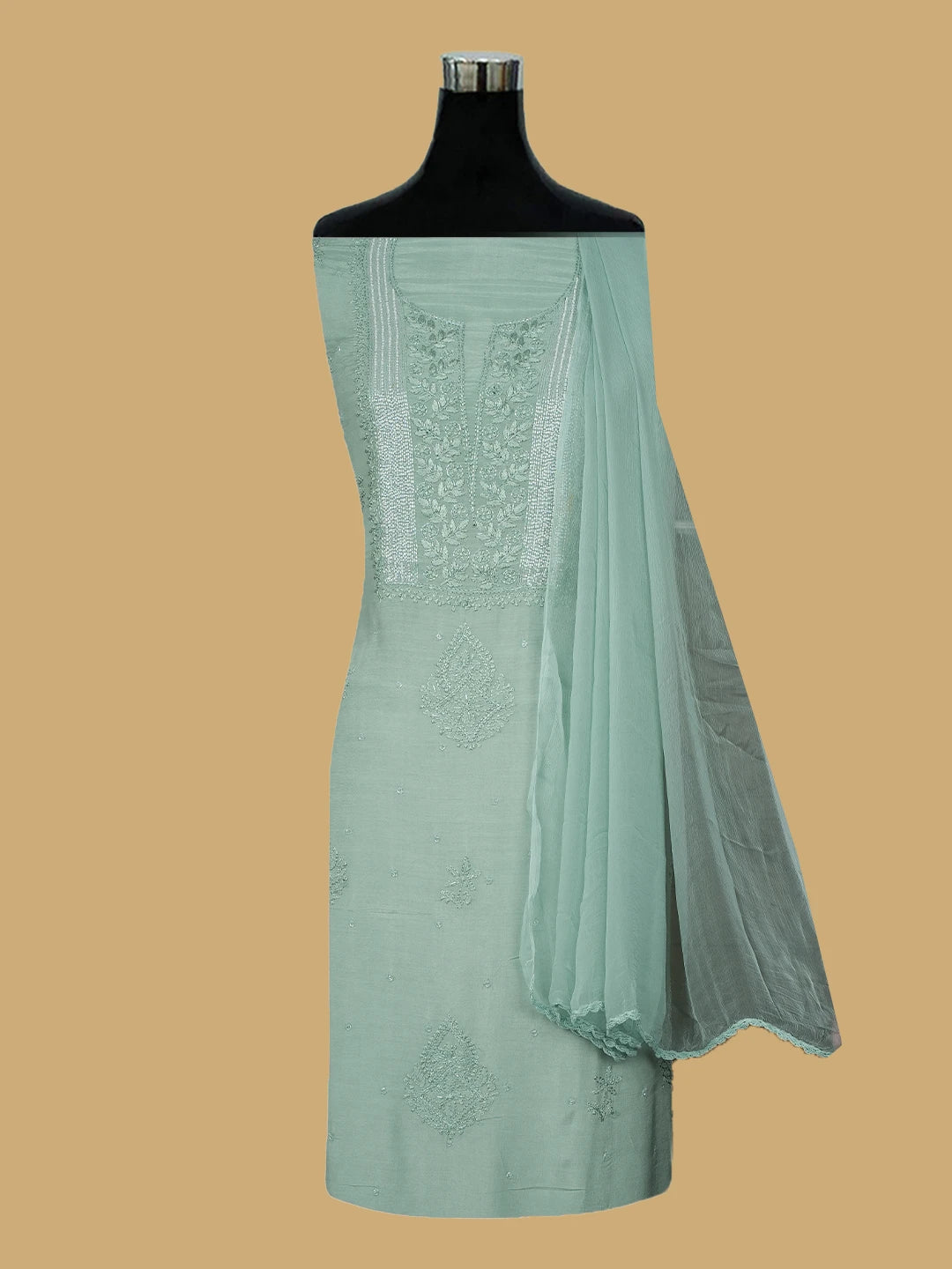 Ada Hand Embroidered Celadon Green Muslin Lucknowi Chikankari Unstitched Suit Piece With Cutdana Work 01A814819
