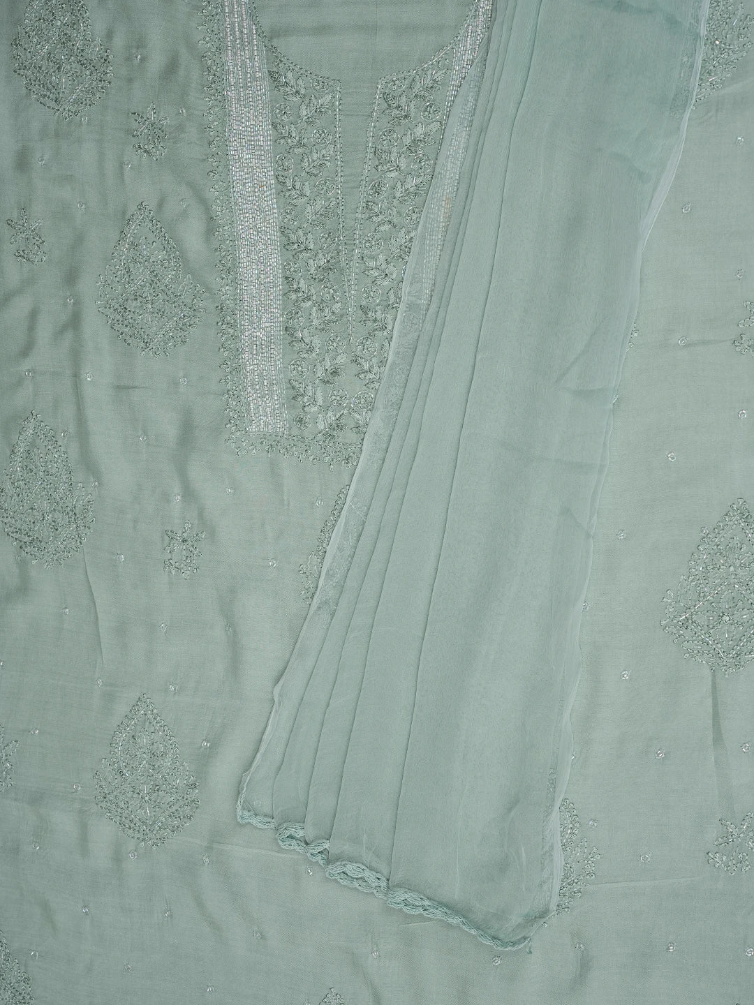 Ada Hand Embroidered Celadon Green Muslin Lucknowi Chikankari Unstitched Suit Piece With Cutdana Work 01A814819
