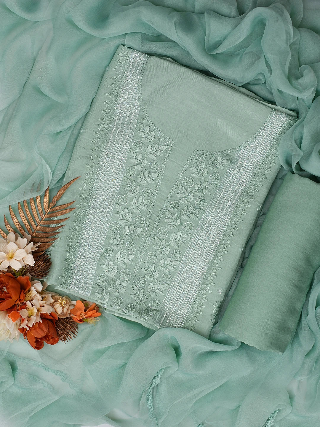 Ada Hand Embroidered Celadon Green Muslin Lucknowi Chikankari Unstitched Suit Piece With Cutdana Work 01A814819