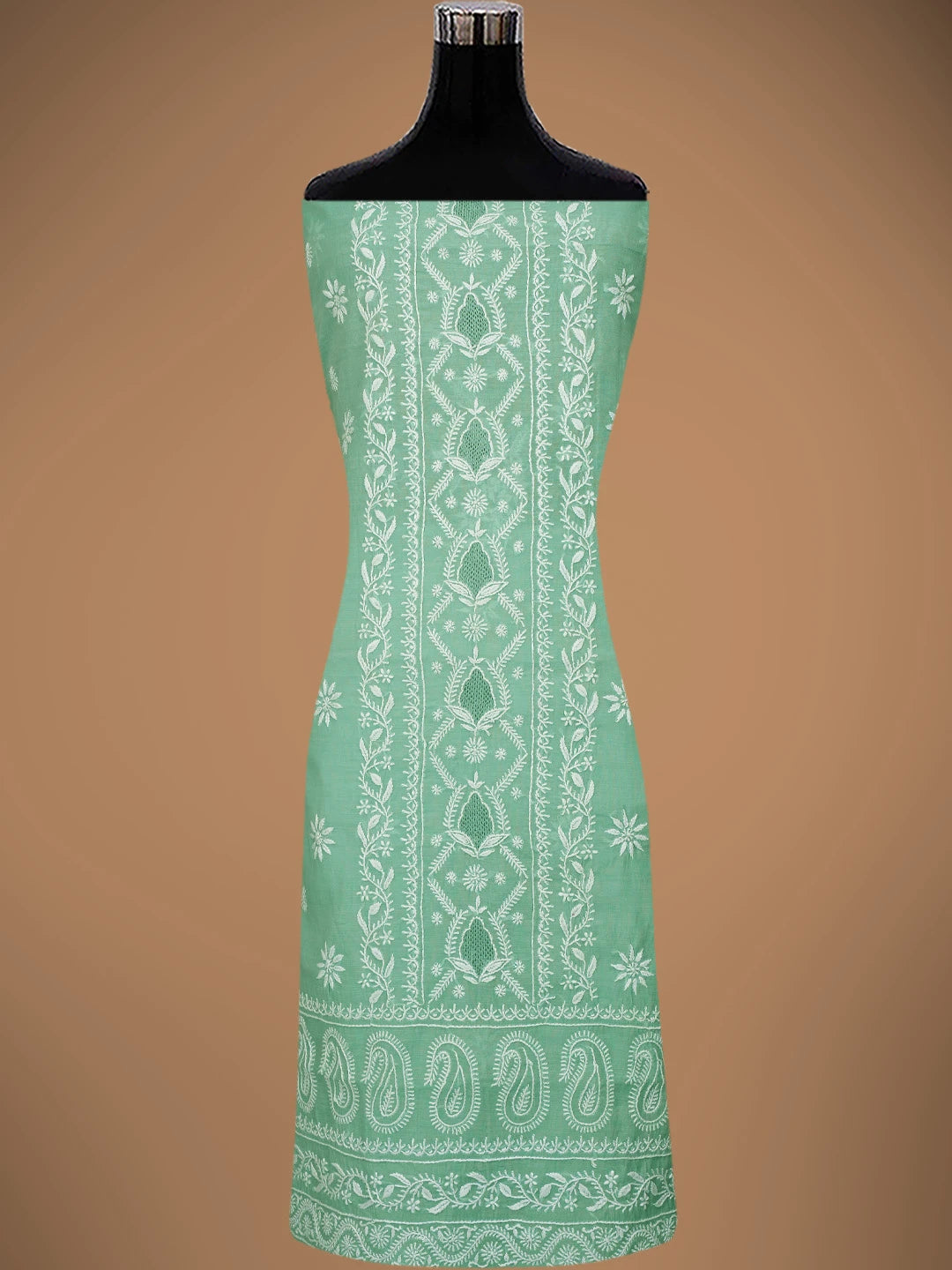 Ada Hand Embroidered Teal Green Chanderi Lucknowi Chikankari Unstitched Kurta Dupatta Set 01A818434