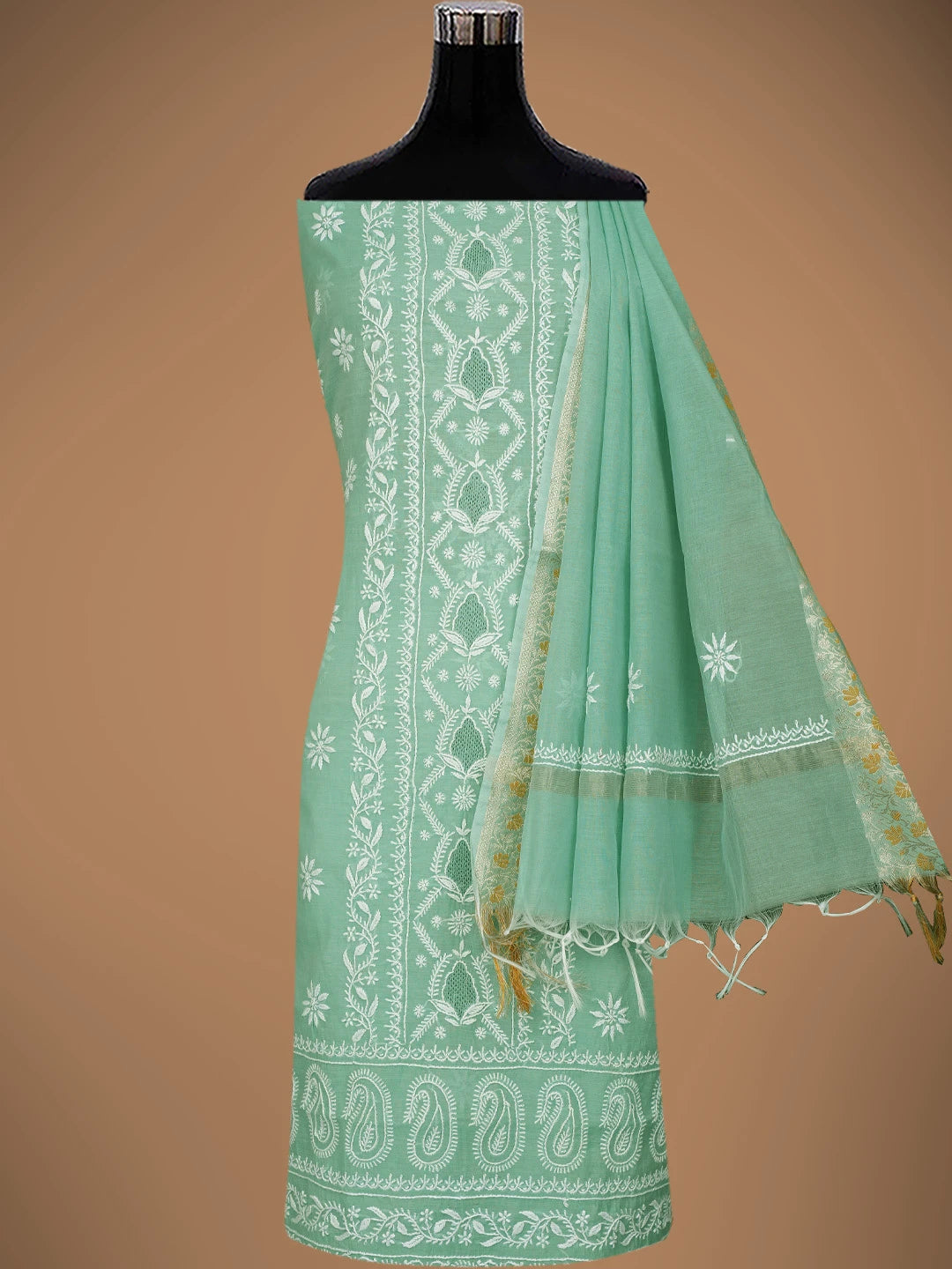 Ada Hand Embroidered Teal Green Chanderi Lucknowi Chikankari Unstitched Kurta Dupatta Set 01A818434