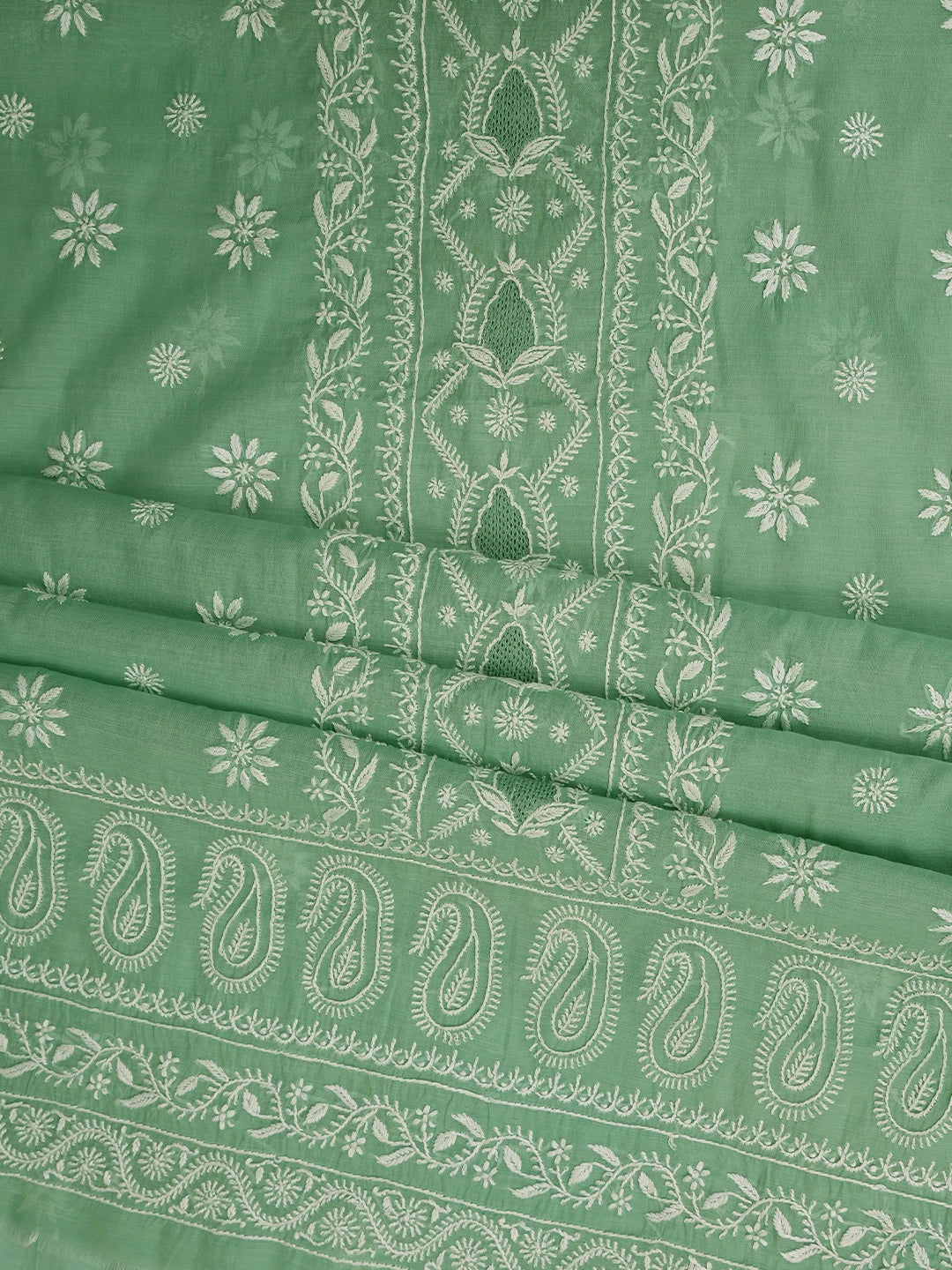 Ada Hand Embroidered Teal Green Chanderi Lucknowi Chikankari Unstitched Kurta Dupatta Set 01A818434
