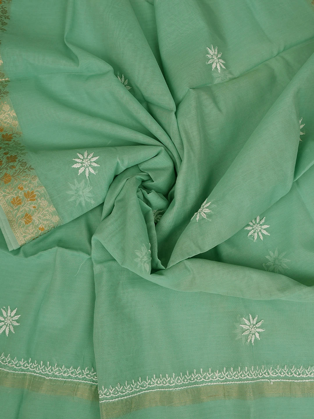 Ada Hand Embroidered Teal Green Chanderi Lucknowi Chikankari Unstitched Kurta Dupatta Set 01A818434
