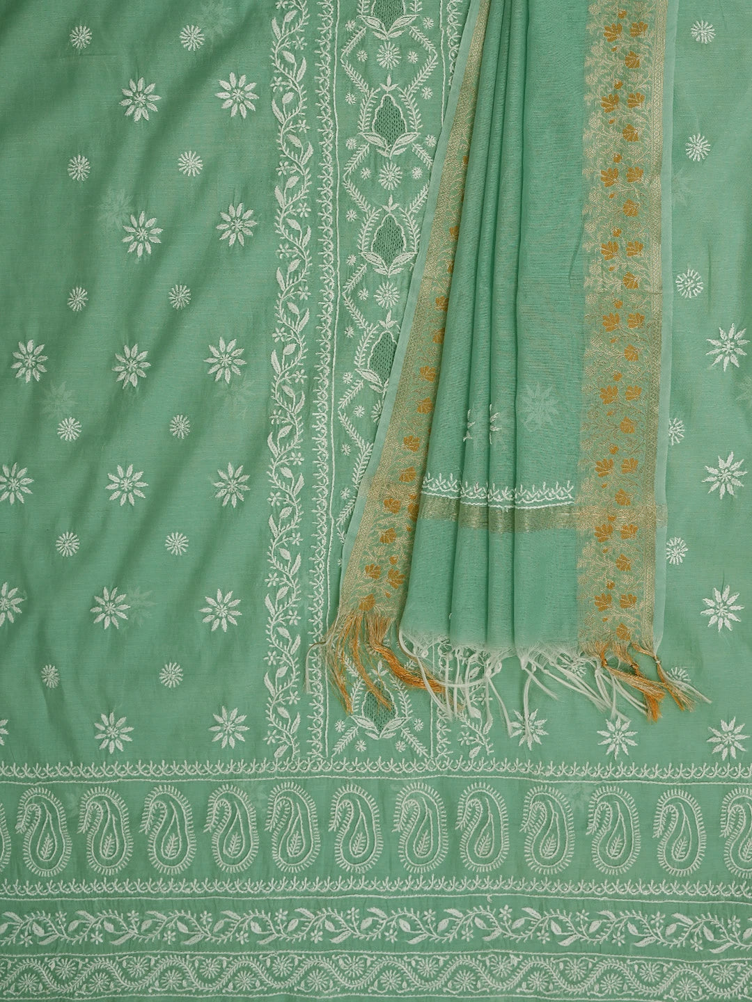 Ada Hand Embroidered Teal Green Chanderi Lucknowi Chikankari Unstitched Kurta Dupatta Set 01A818434