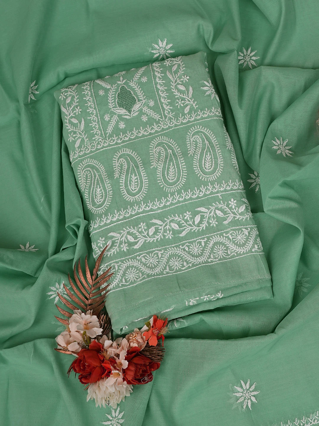 Ada Hand Embroidered Teal Green Chanderi Lucknowi Chikankari Unstitched Kurta Dupatta Set 01A818434