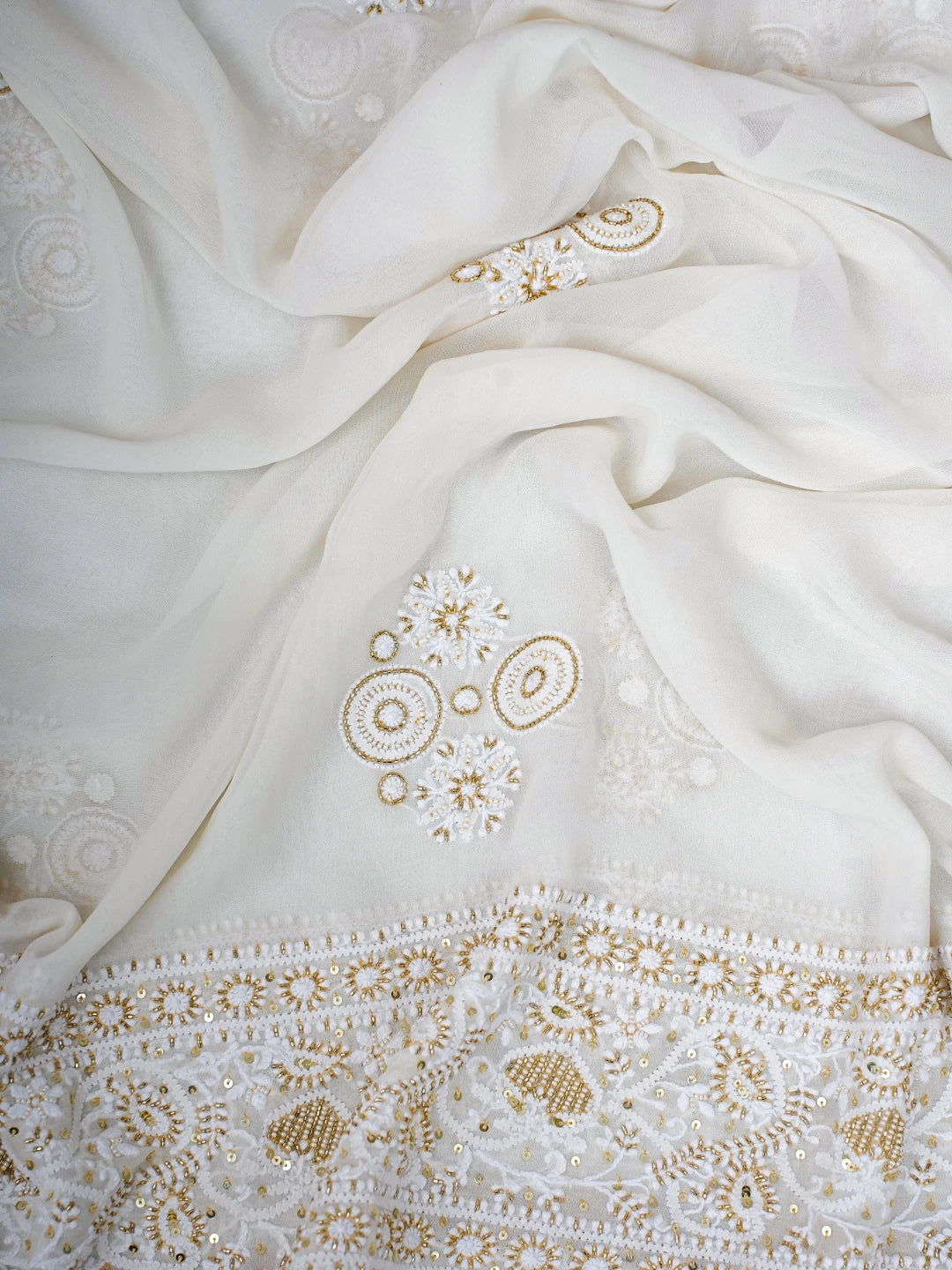 Ada Hand Embroidered White Pure Georgette Lucknowi Chikankari Semi-Stitched Anarkali Kurta Dupatta Set With Cutdana Work 01A538828
