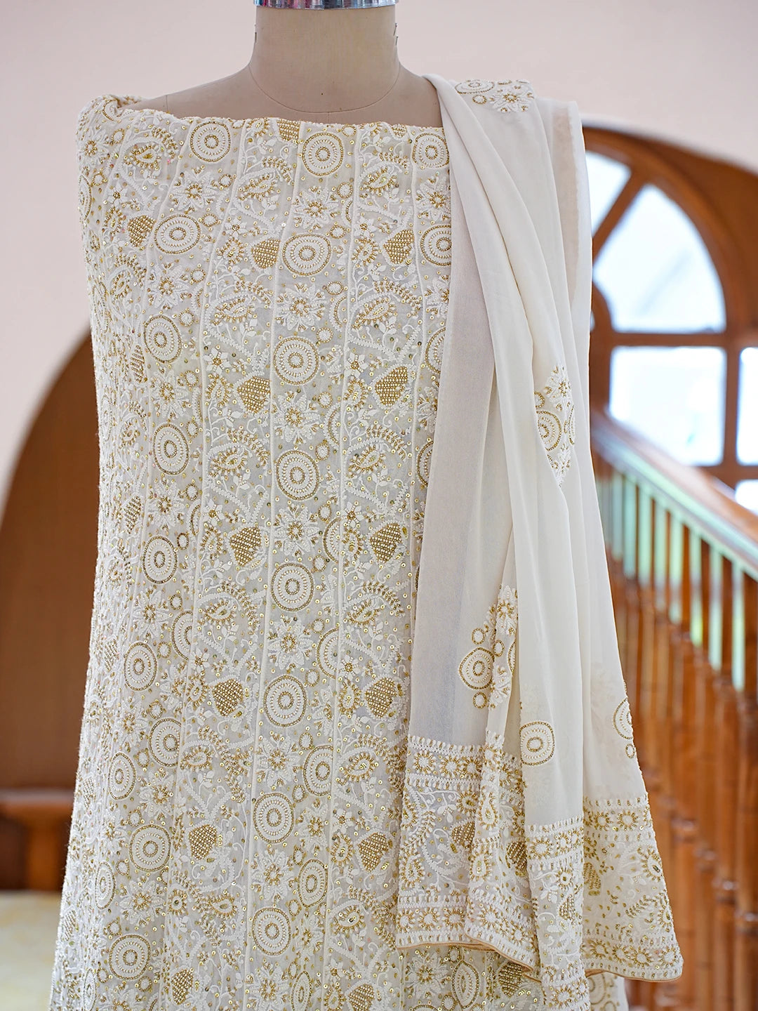 Ada Hand Embroidered White Pure Georgette Lucknowi Chikankari Semi-Stitched Anarkali Kurta Dupatta Set With Cutdana Work 01A538828