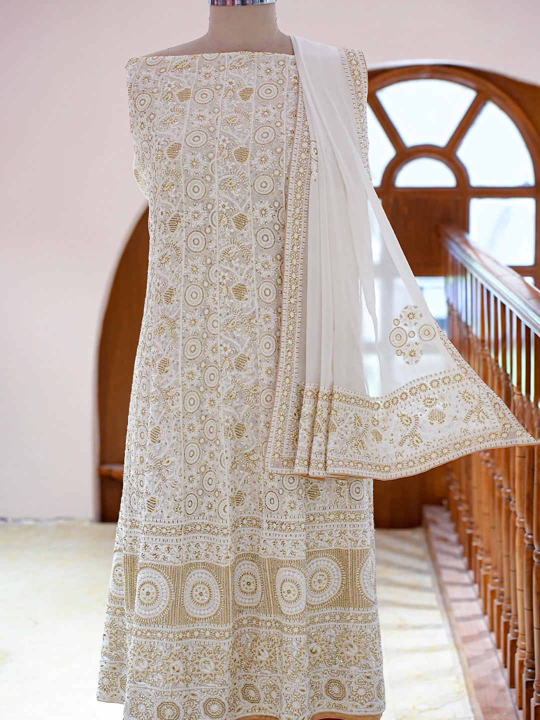 Ada Hand Embroidered White Pure Georgette Lucknowi Chikankari Semi-Stitched Anarkali Kurta Dupatta Set With Cutdana Work 01A538828