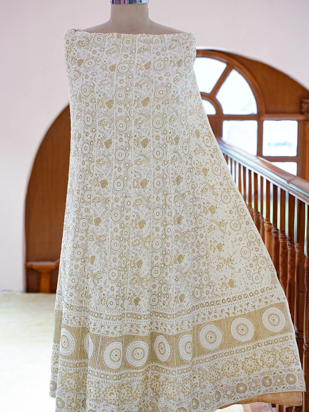 Ada Hand Embroidered White Pure Georgette Lucknowi Chikankari Semi-Stitched Anarkali Kurta Dupatta Set With Cutdana Work 01A538828