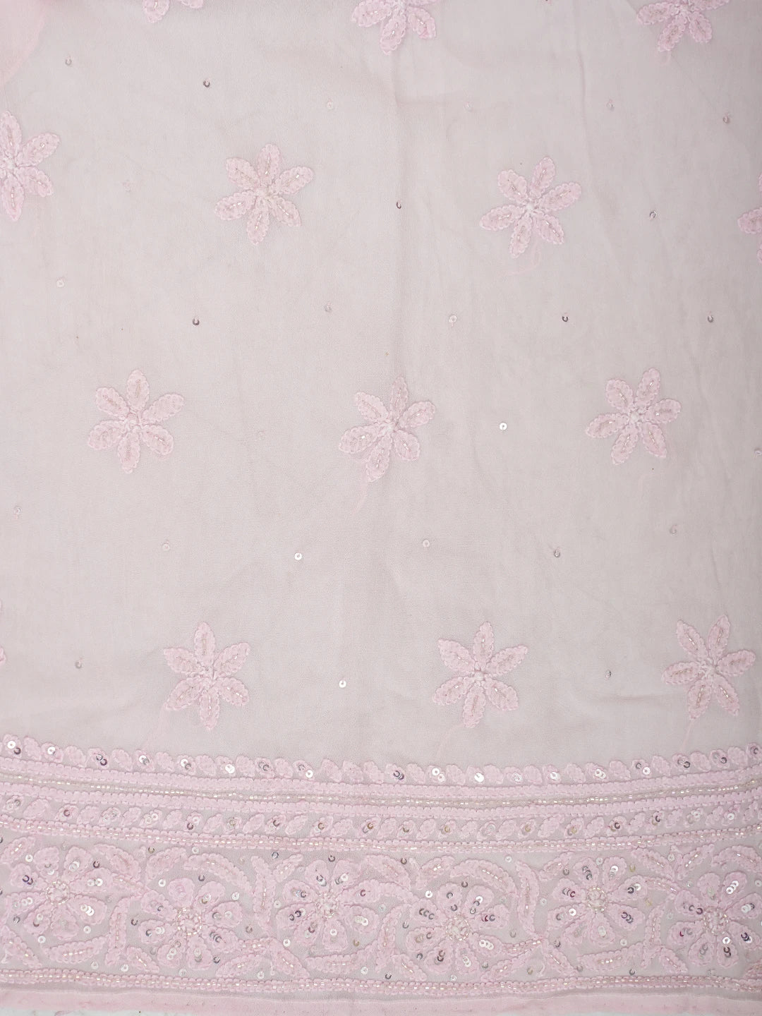 Ada Hand Embroidered Ombre Shade of Pink and Tea Green Viscose Georgette Lucknowi Chikankari Semi-Stitched Anarkali Kurta Dupatta Set With Cutdana Work 01A777309