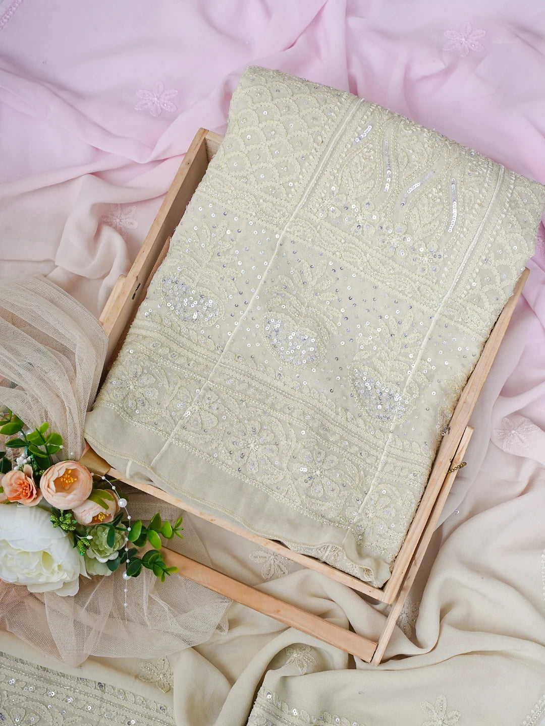 Ada Hand Embroidered Ombre Shade of Pink and Tea Green Viscose Georgette Lucknowi Chikankari Semi-Stitched Anarkali Kurta Dupatta Set With Cutdana Work 01A777309