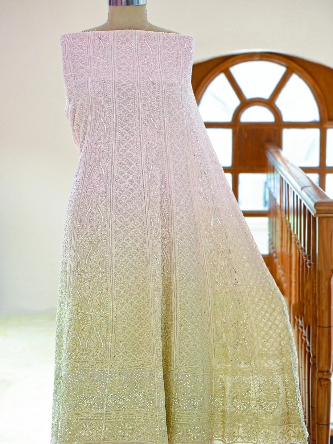 Ada Hand Embroidered Ombre Shade of Pink and Tea Green Viscose Georgette Lucknowi Chikankari Semi-Stitched Anarkali Kurta Dupatta Set With Cutdana Work 01A777309