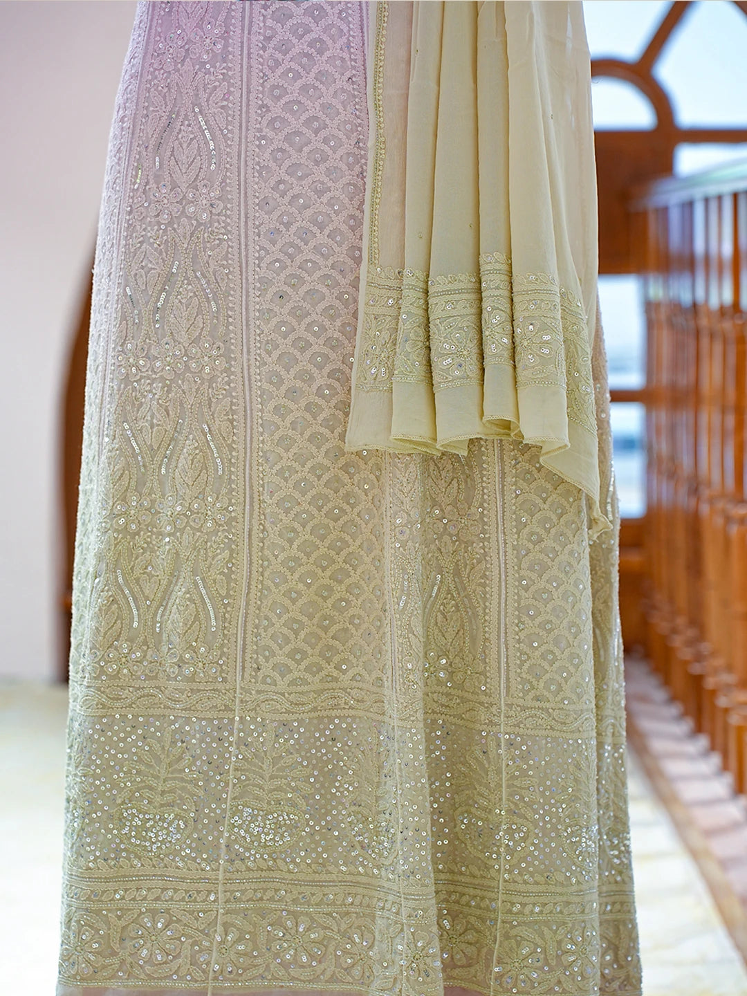 Ada Hand Embroidered Ombre Shade of Pink and Tea Green Viscose Georgette Lucknowi Chikankari Semi-Stitched Anarkali Kurta Dupatta Set With Cutdana Work 01A777309