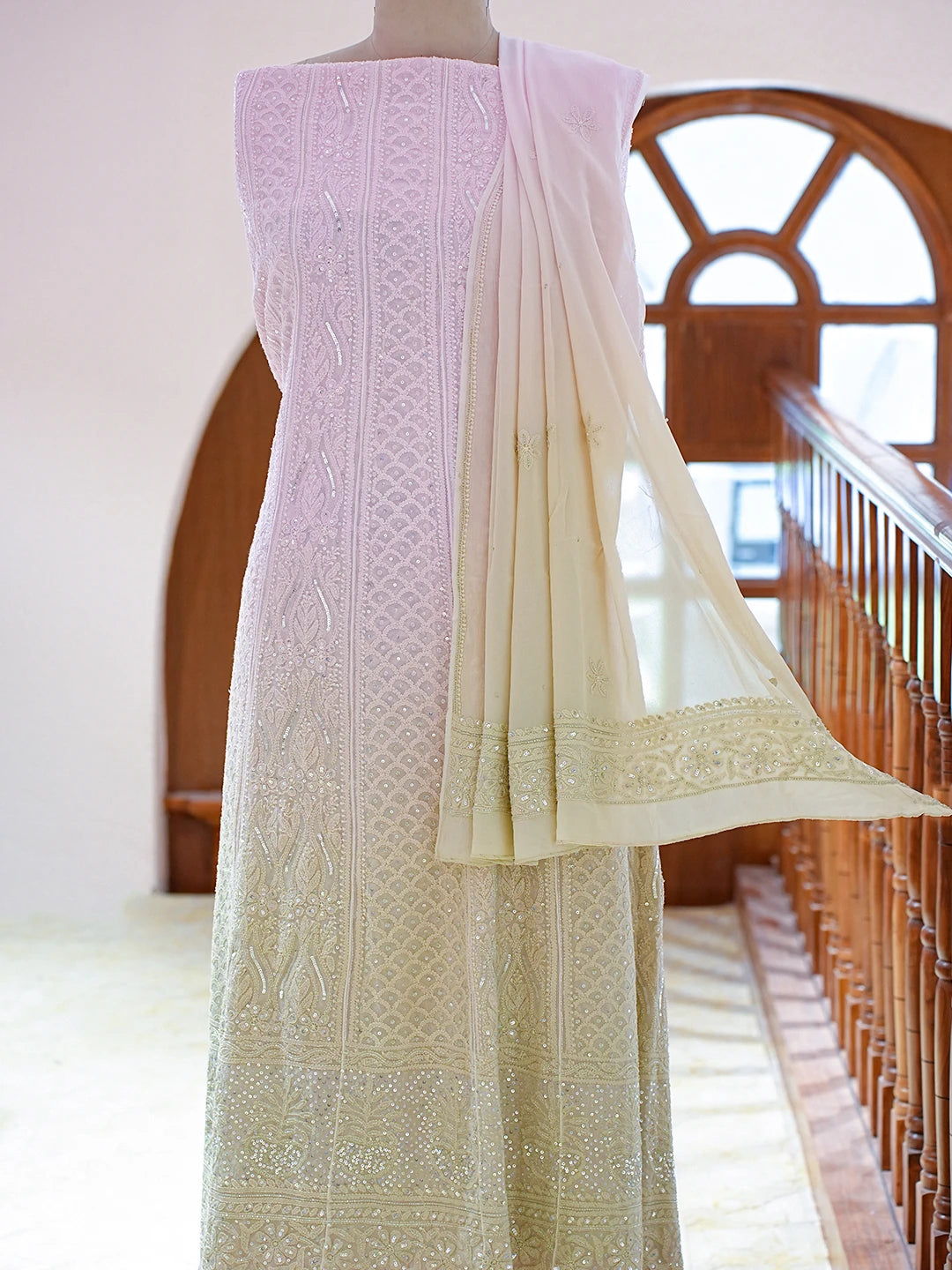 Ada Hand Embroidered Ombre Shade of Pink and Tea Green Viscose Georgette Lucknowi Chikankari Semi-Stitched Anarkali Kurta Dupatta Set With Cutdana Work 01A777309