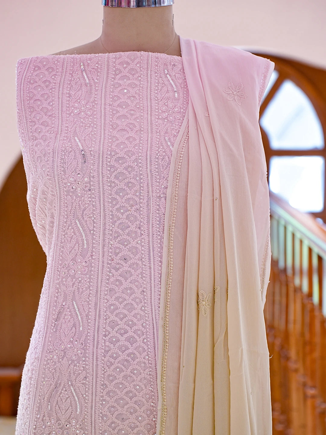 Ada Hand Embroidered Ombre Shade of Pink and Tea Green Viscose Georgette Lucknowi Chikankari Semi-Stitched Anarkali Kurta Dupatta Set With Cutdana Work 01A777309
