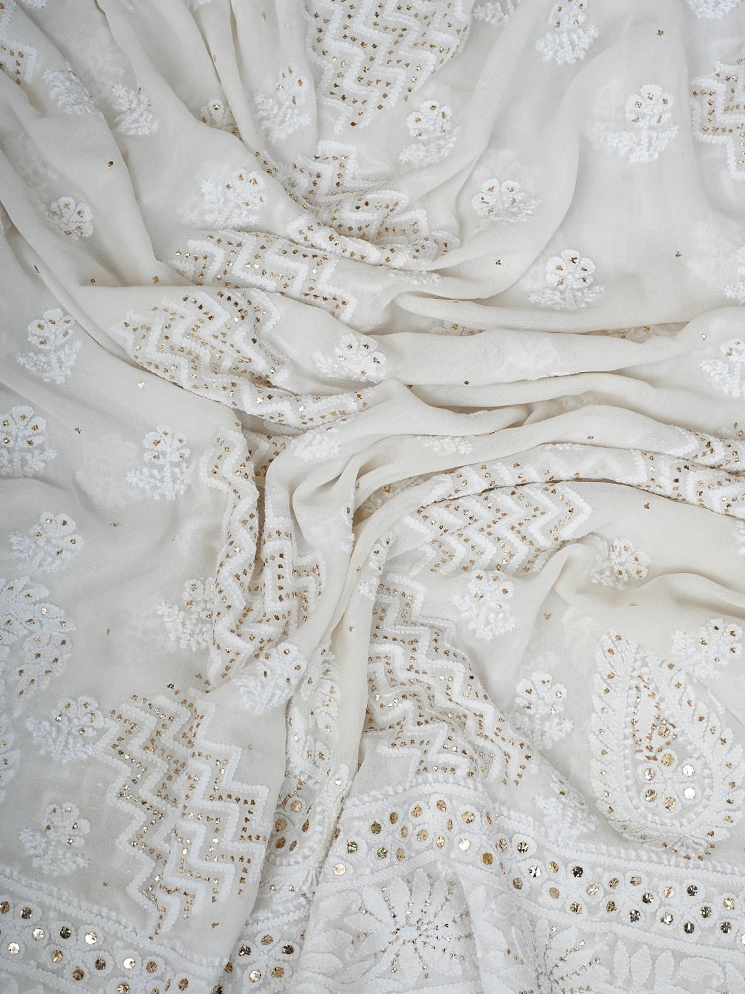 Ada Hand Embroidered White Pure Georgette Lucknowi Chikankari Semi-Stitched Anarkali Kurta Dupatta Set With Mukaish Work 01A722911