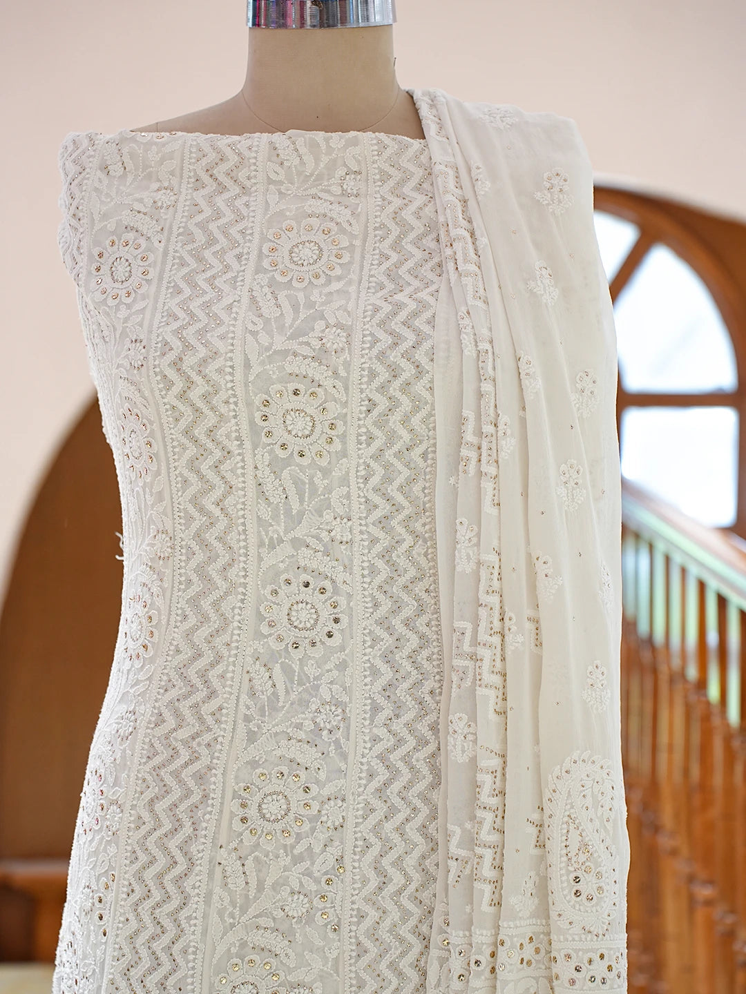 Ada Hand Embroidered White Pure Georgette Lucknowi Chikankari Semi-Stitched Anarkali Kurta Dupatta Set With Mukaish Work 01A722911