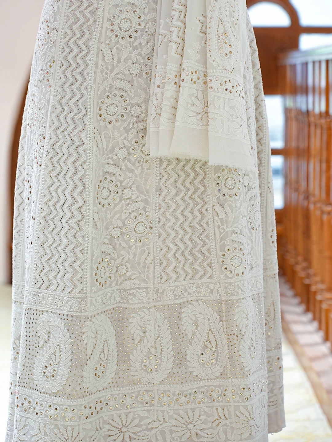 Ada Hand Embroidered White Pure Georgette Lucknowi Chikankari Semi-Stitched Anarkali Kurta Dupatta Set With Mukaish Work 01A722911